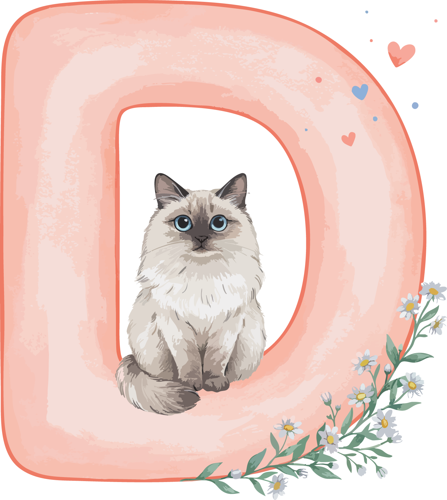 D Cat Theme Watercolor Alphabet PNG