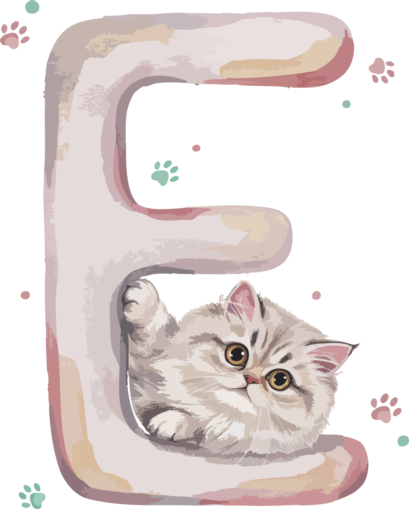 E Cat Theme Watercolor Alphabet PNG