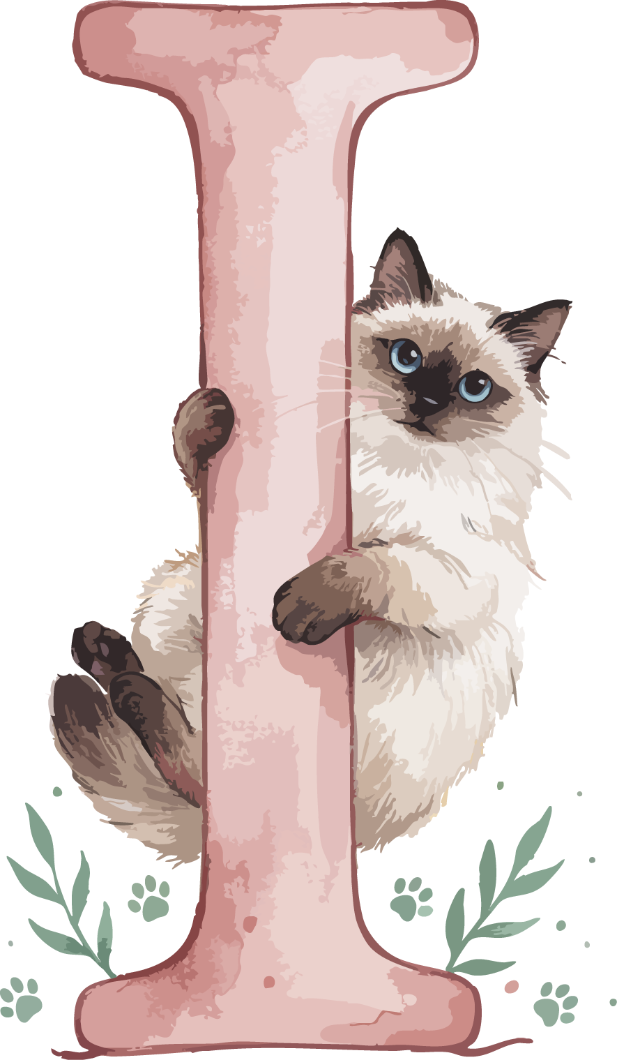 I Cat Theme Watercolor Alphabet PNG