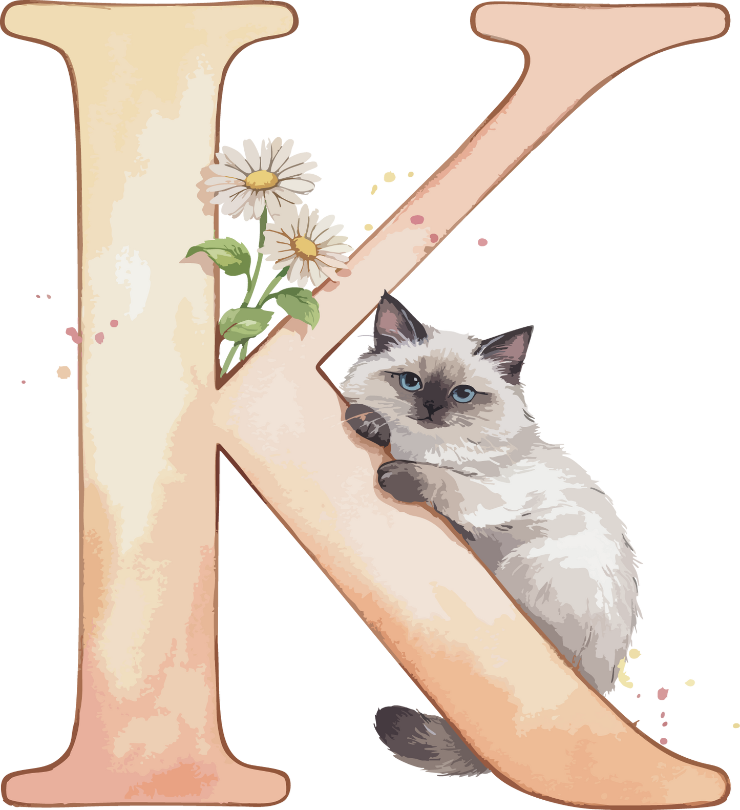 K Cat Theme Watercolor Alphabet PNG