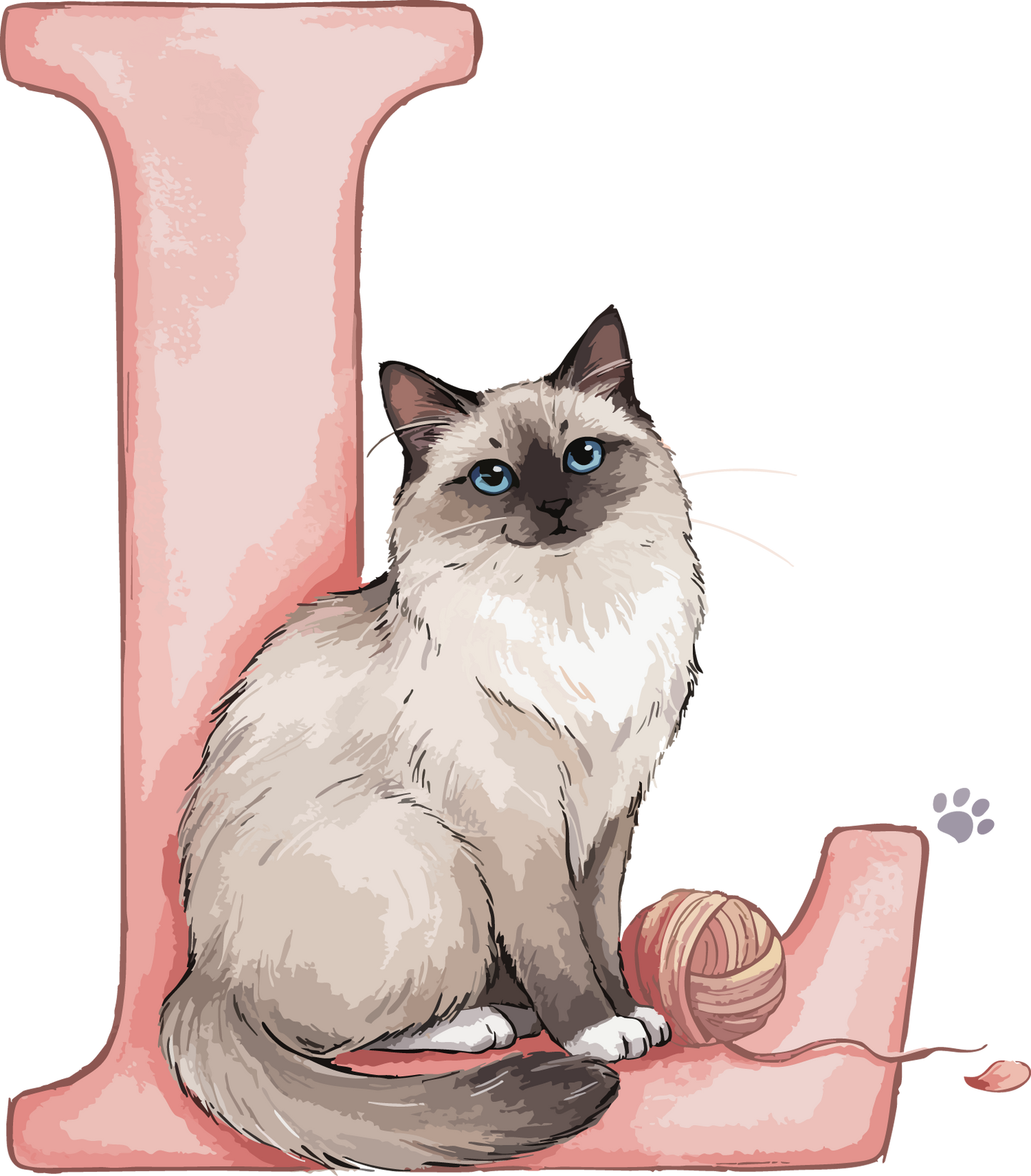 L Cat Theme Watercolor Alphabet PNG