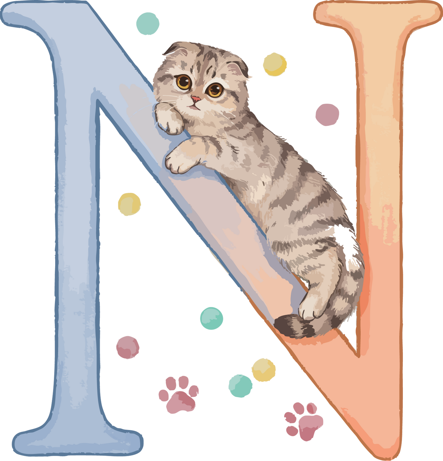 N Cat Theme Watercolor Alphabet PNG