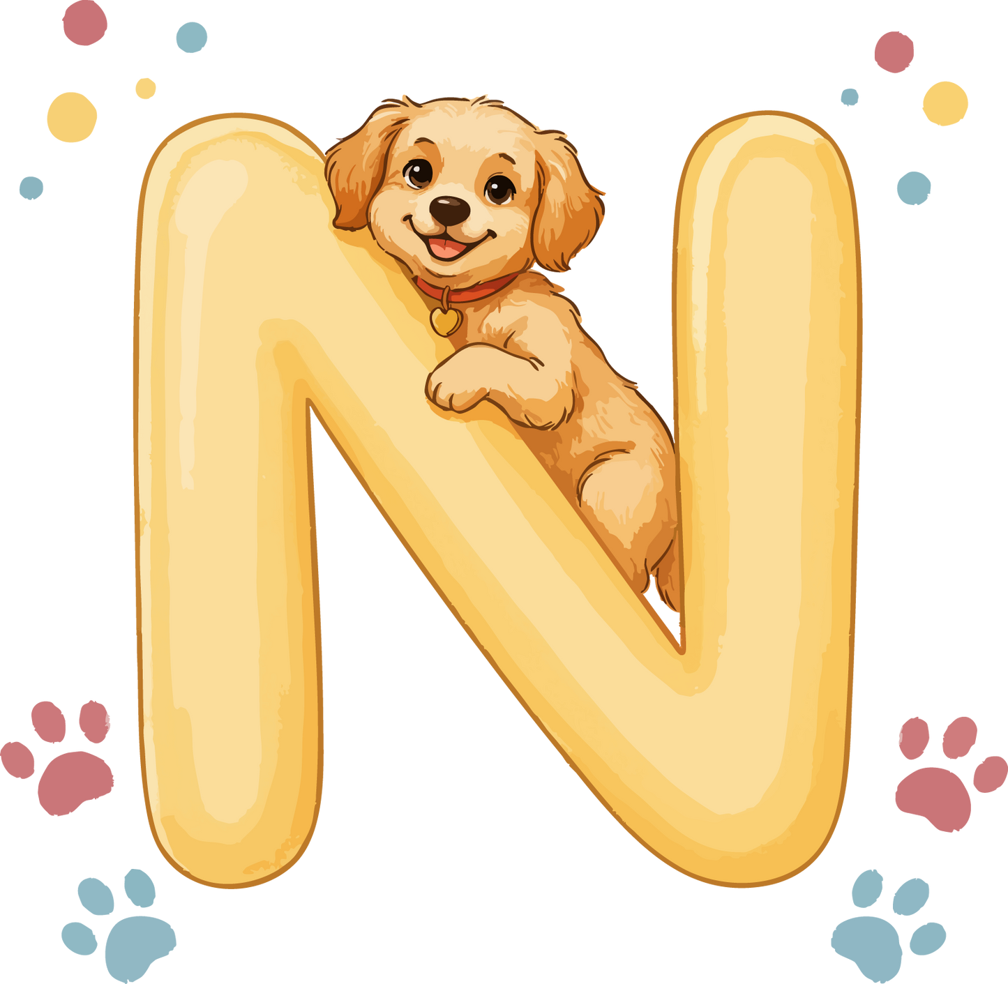 N Dog Theme Watercolor Alphabet PNG