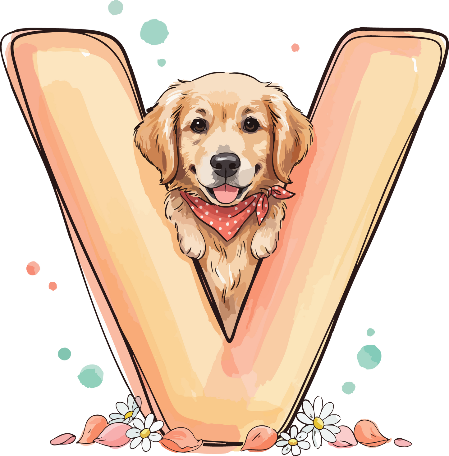 V Dog Theme Watercolor Alphabet PNG