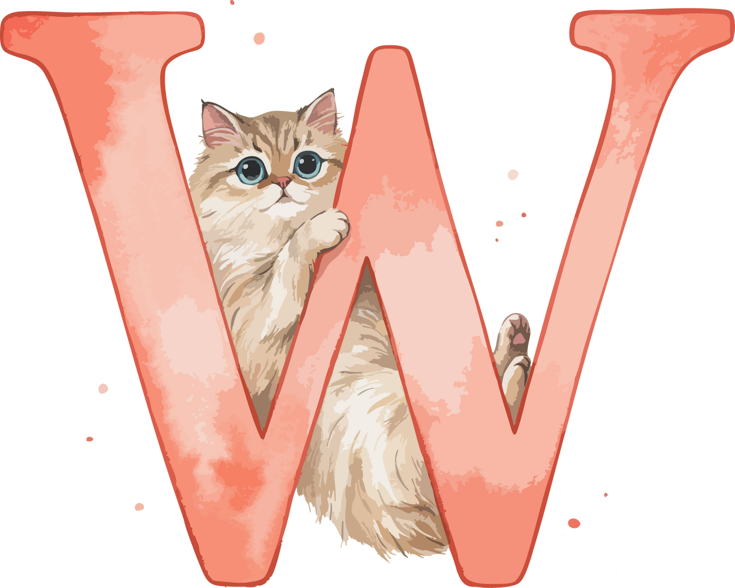 W Cat Theme Watercolor Alphabet PNG