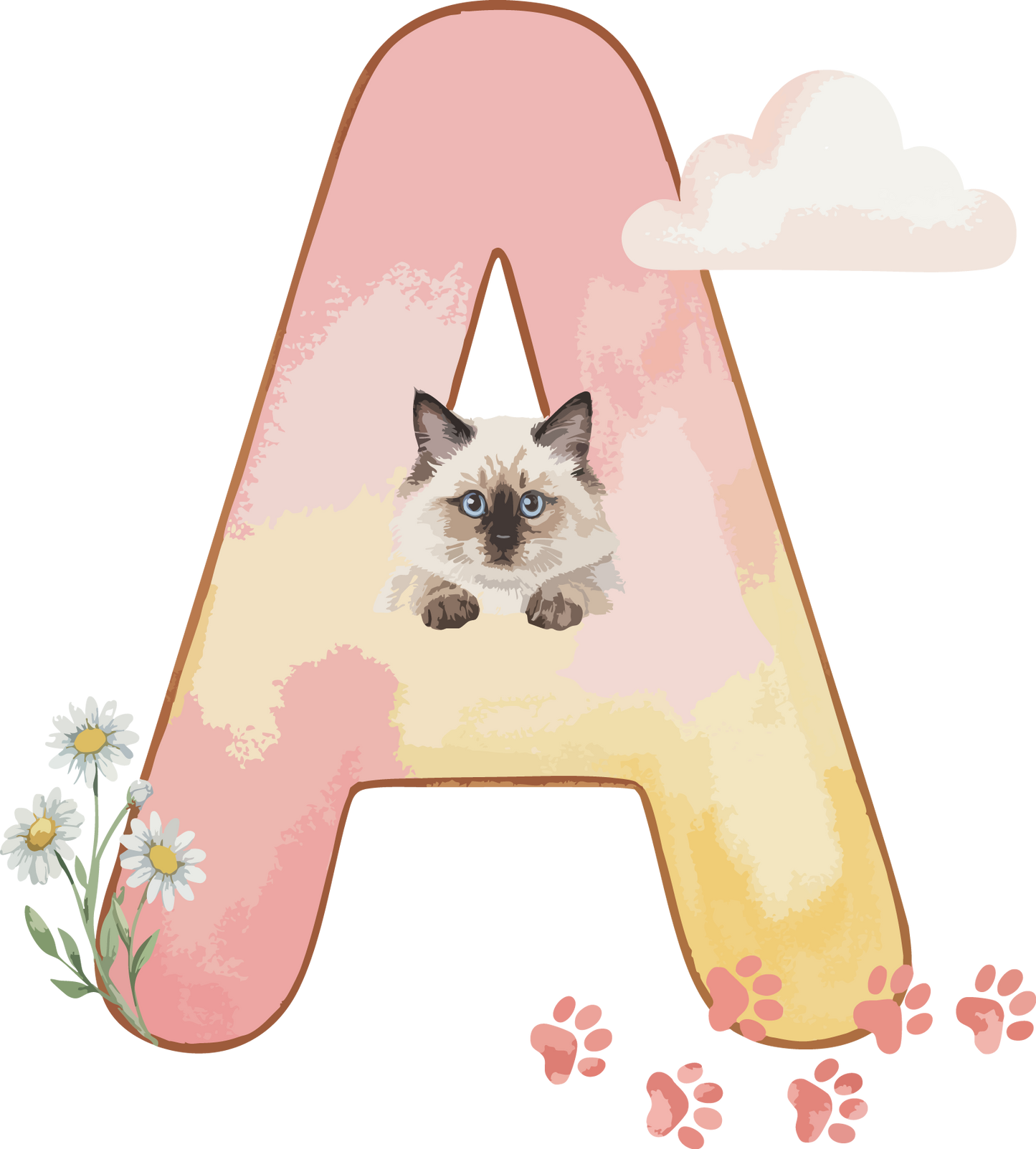 A Cat Theme Watercolor Alphabet PNG