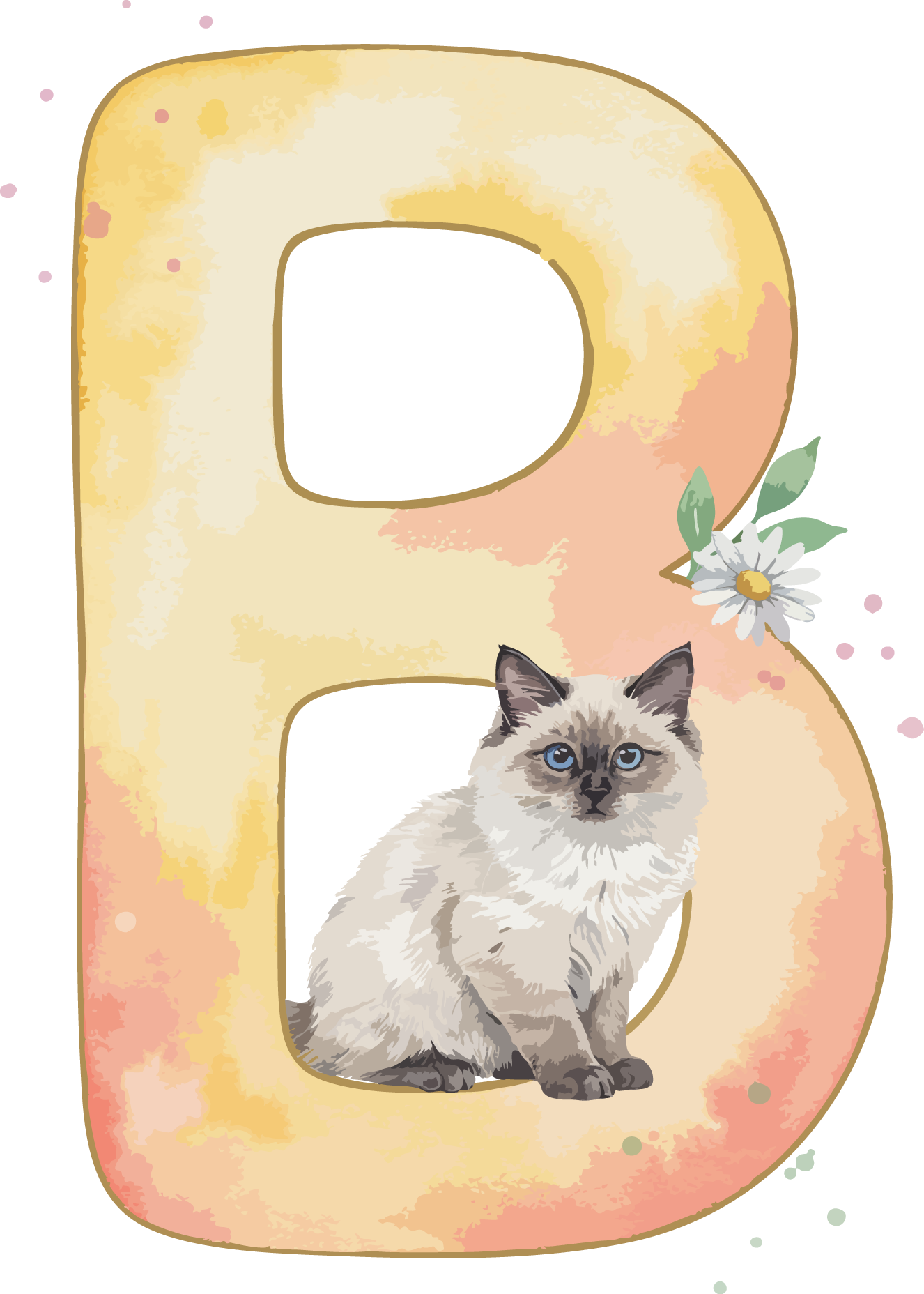 B Cat Theme Watercolor Alphabet PNG
