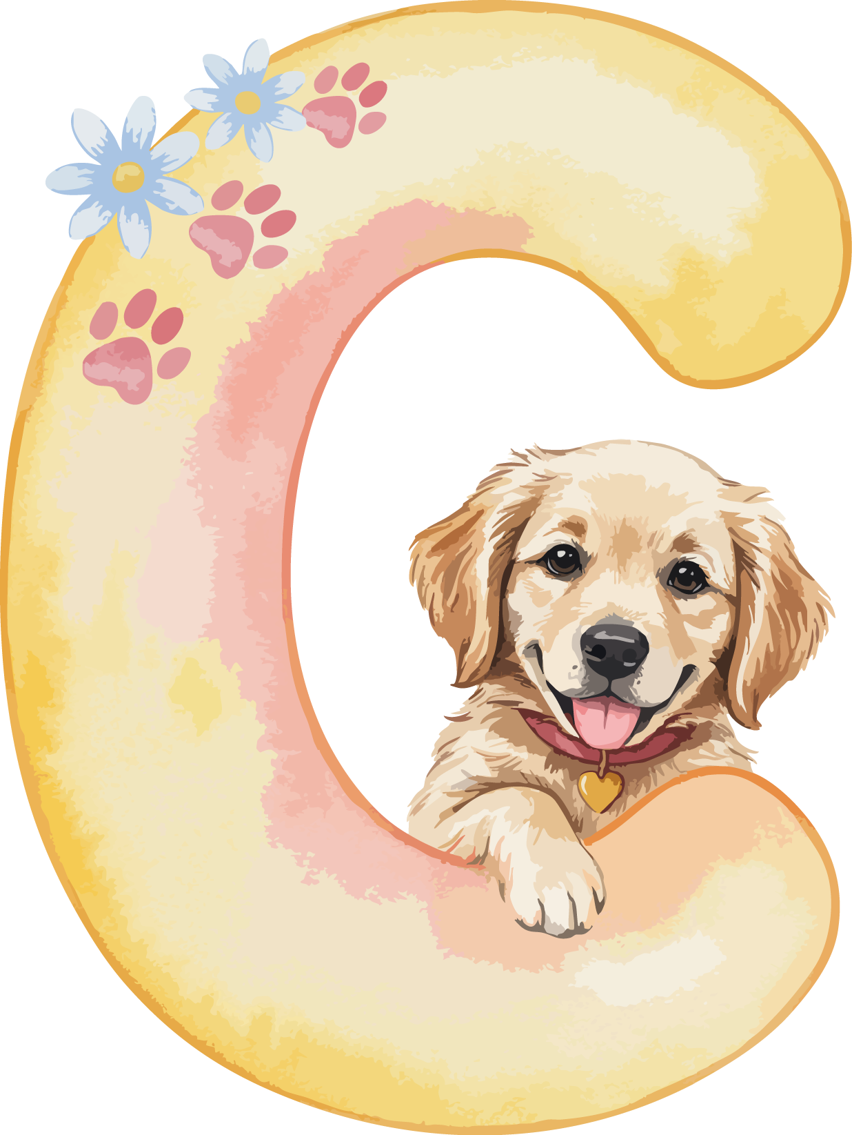 C Dog Theme Watercolor Alphabet PNG