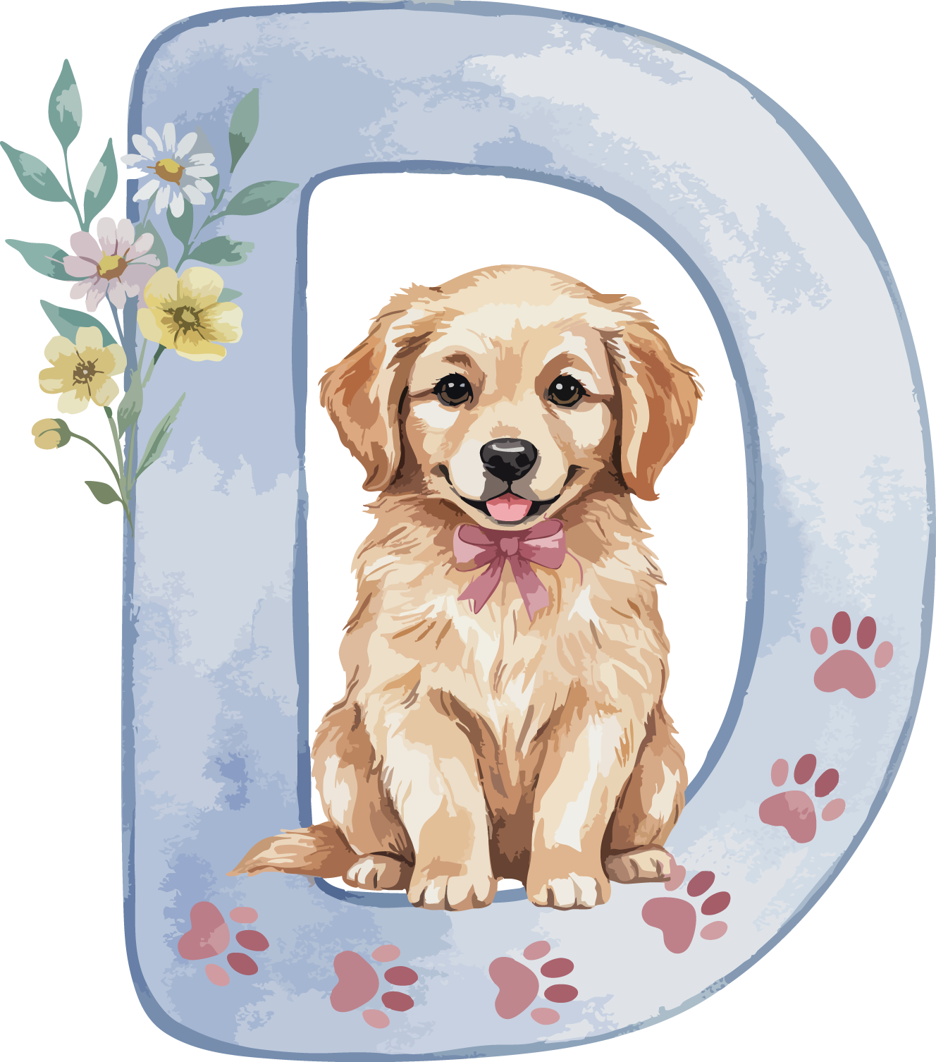 D Dog Theme Watercolor Alphabet PNG