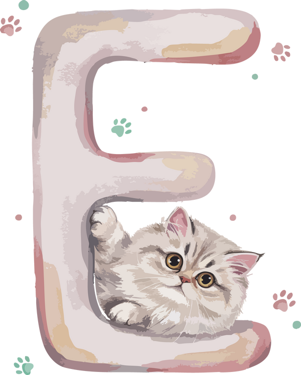 E Cat Theme Watercolor Alphabet PNG