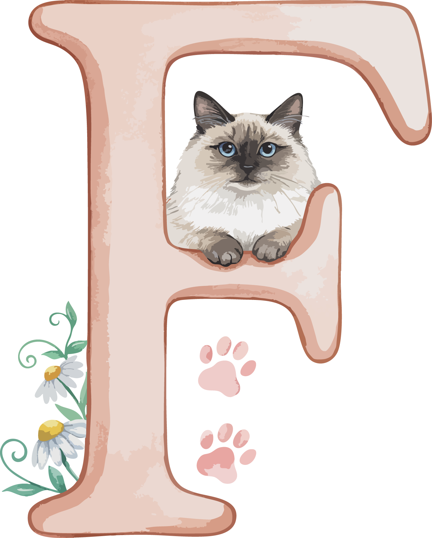 F Cat Theme Watercolor Alphabet PNG