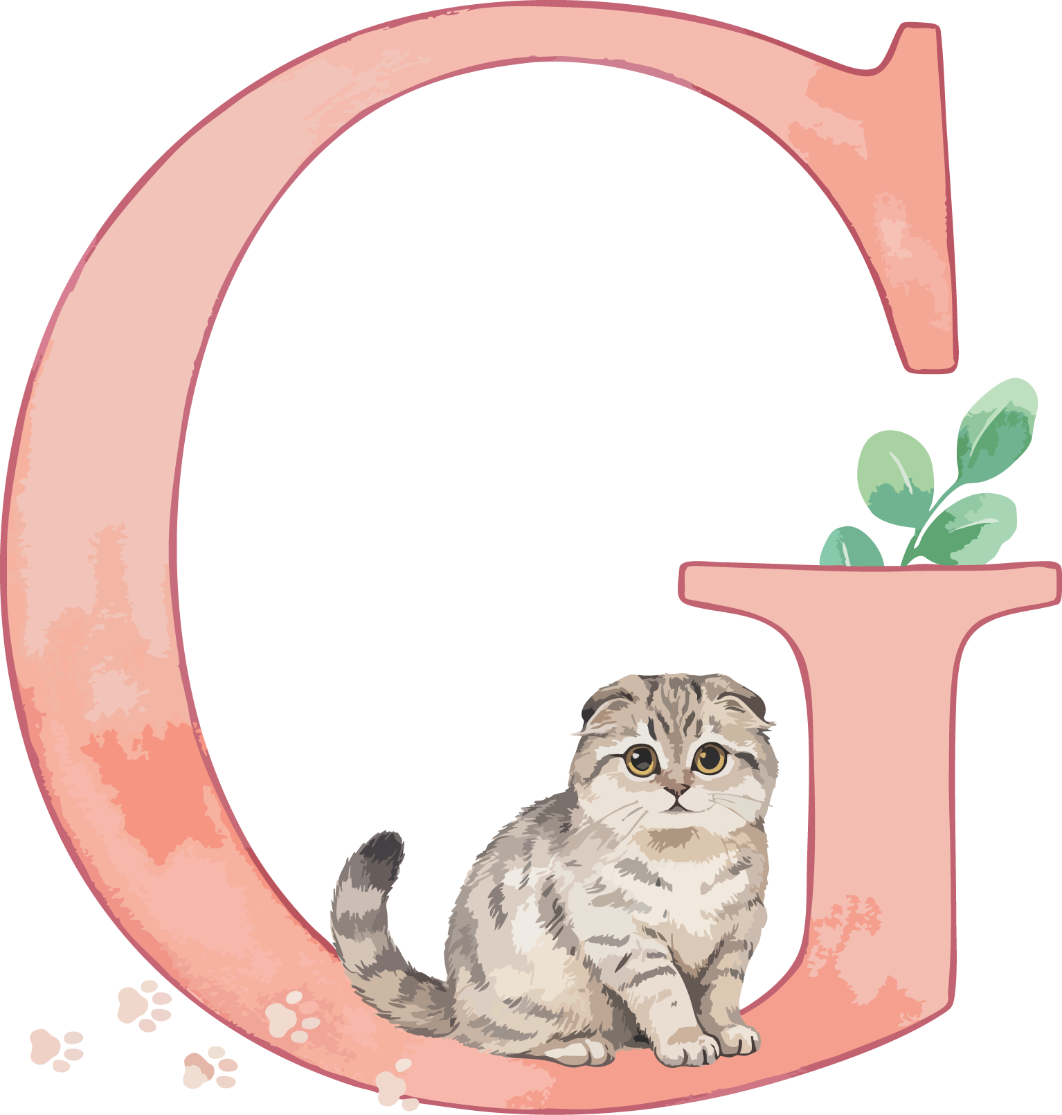 G Cat Theme Watercolor Alphabet PNG