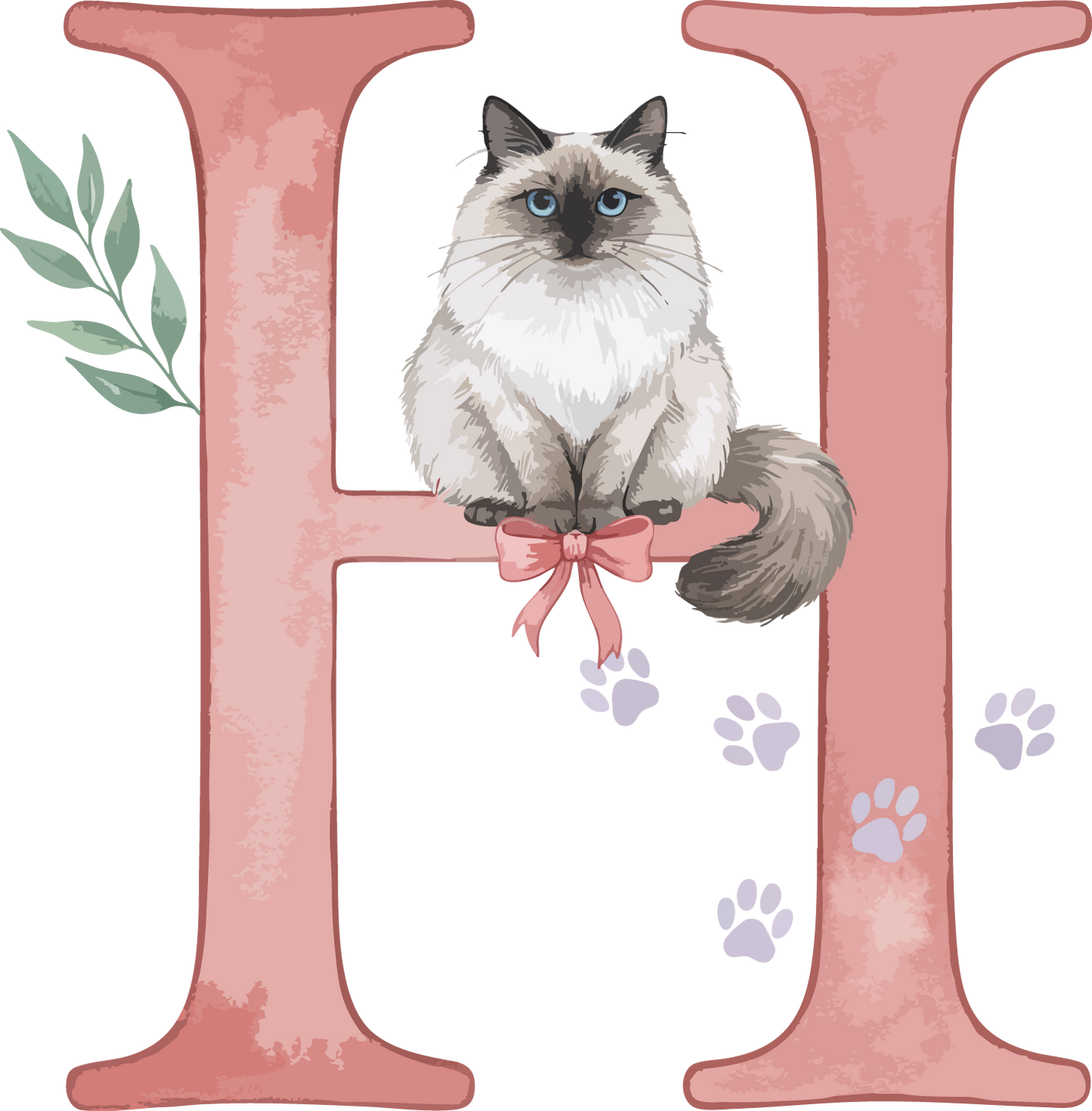 H Cat Theme Watercolor Alphabet PNG