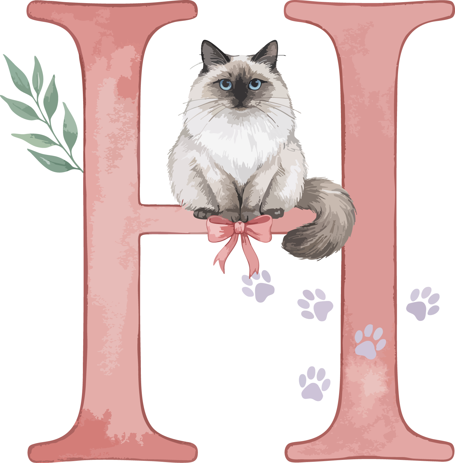 H Cat Theme Watercolor Alphabet PNG