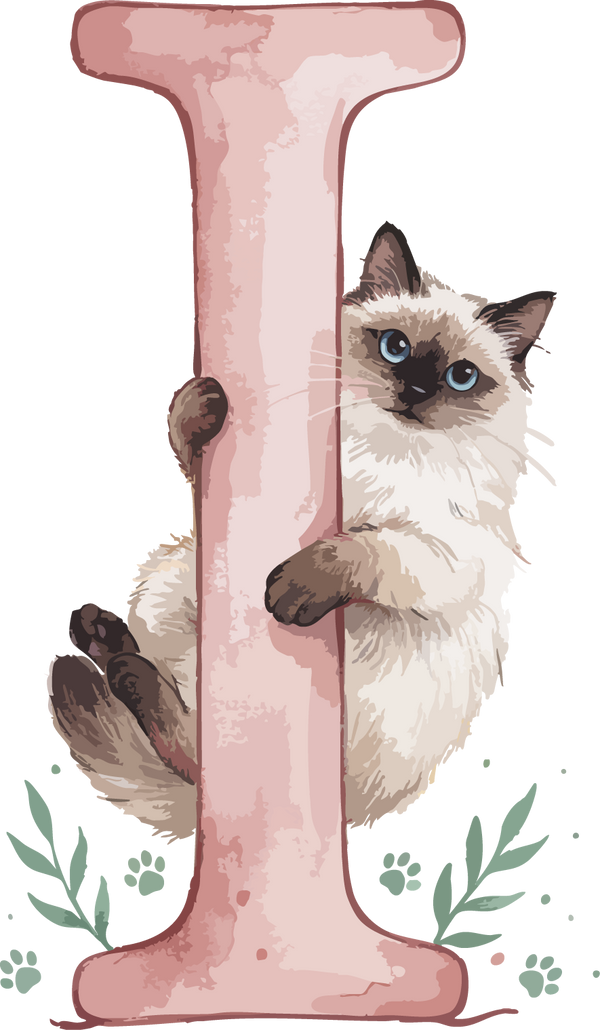 I Cat Theme Watercolor Alphabet PNG