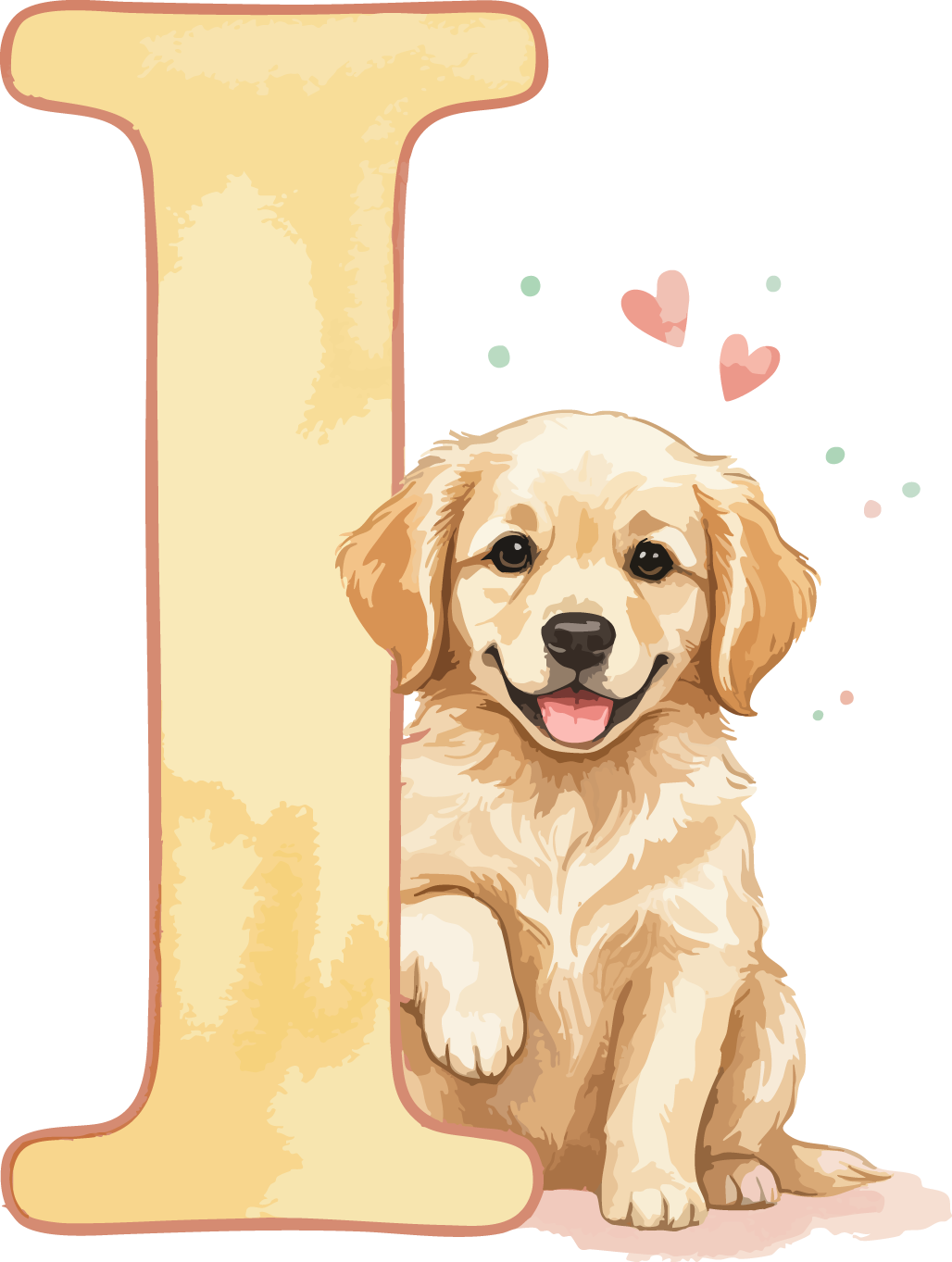 I Dog Theme Watercolor Alphabet PNG