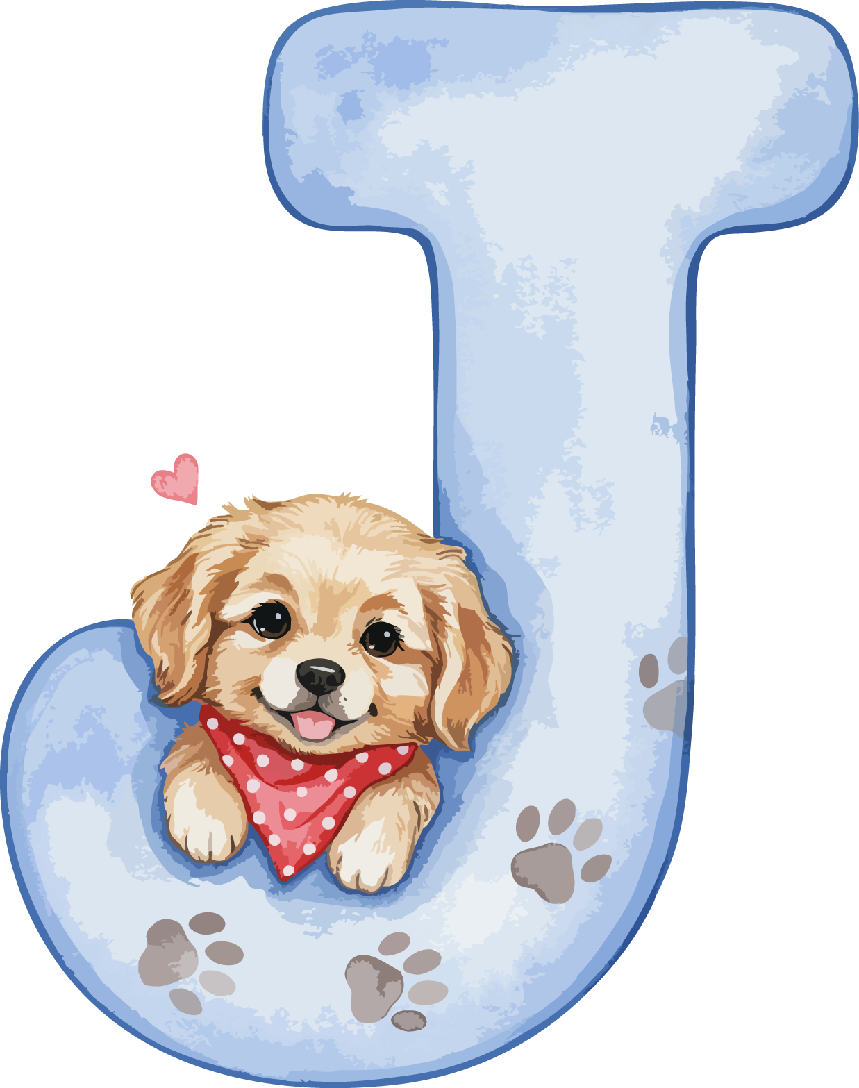 J Dog Theme Watercolor Alphabet PNG