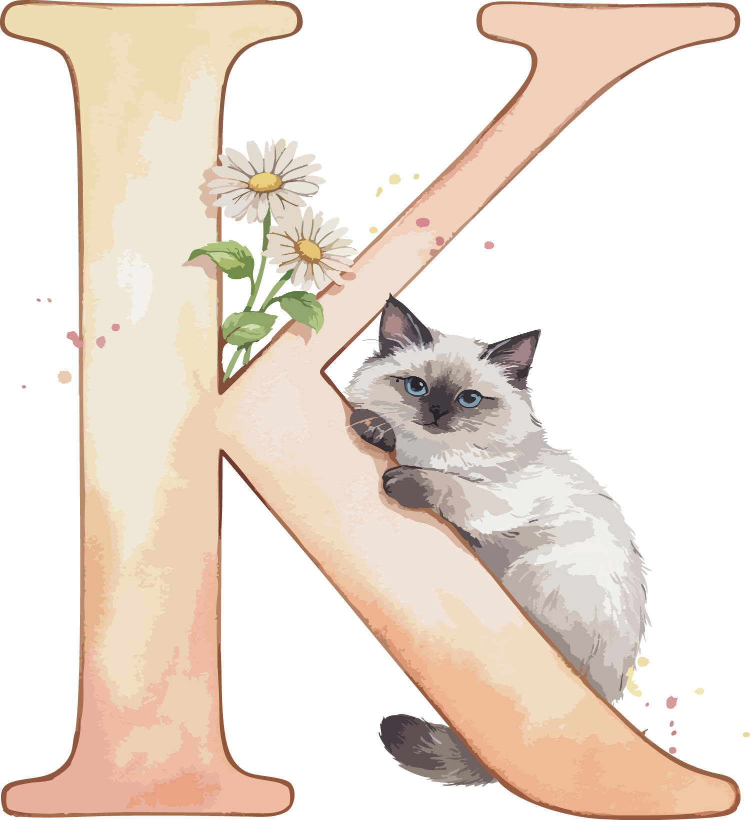 K Cat Theme Watercolor Alphabet PNG