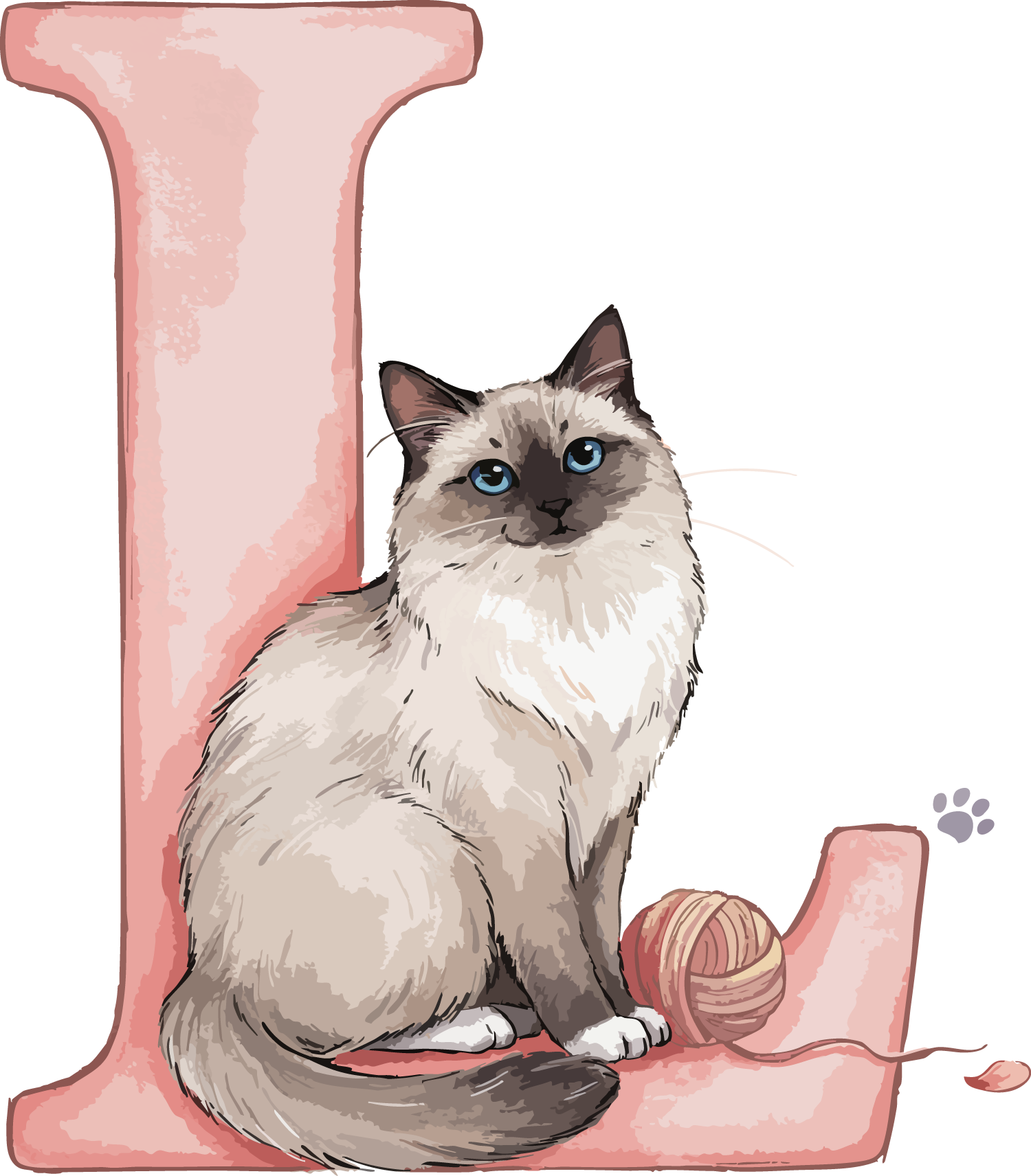 L Cat Theme Watercolor Alphabet PNG