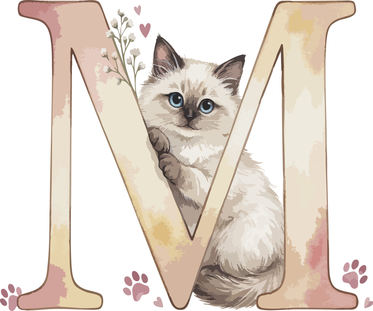 M Cat Theme Watercolor Alphabet PNG