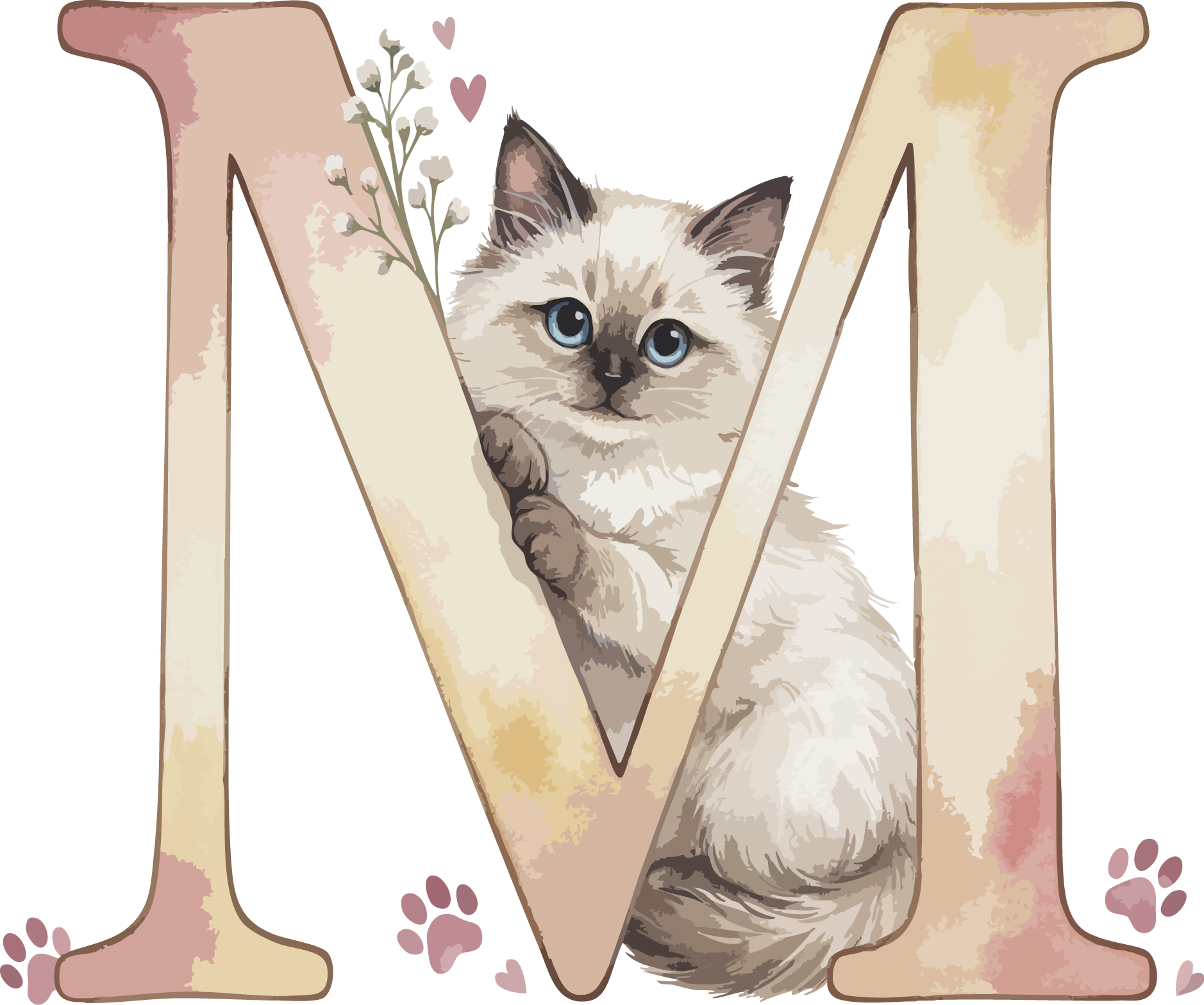 M Cat Theme Watercolor Alphabet PNG