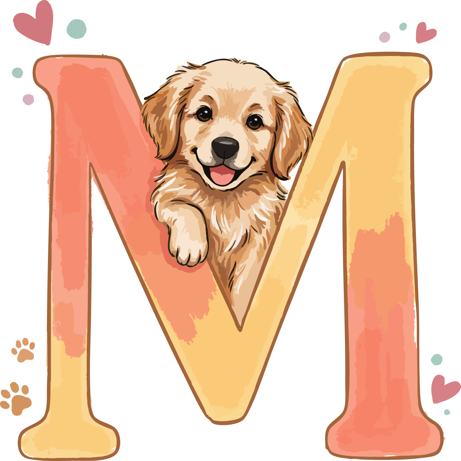 M Dog Theme Watercolor Alphabet PNG