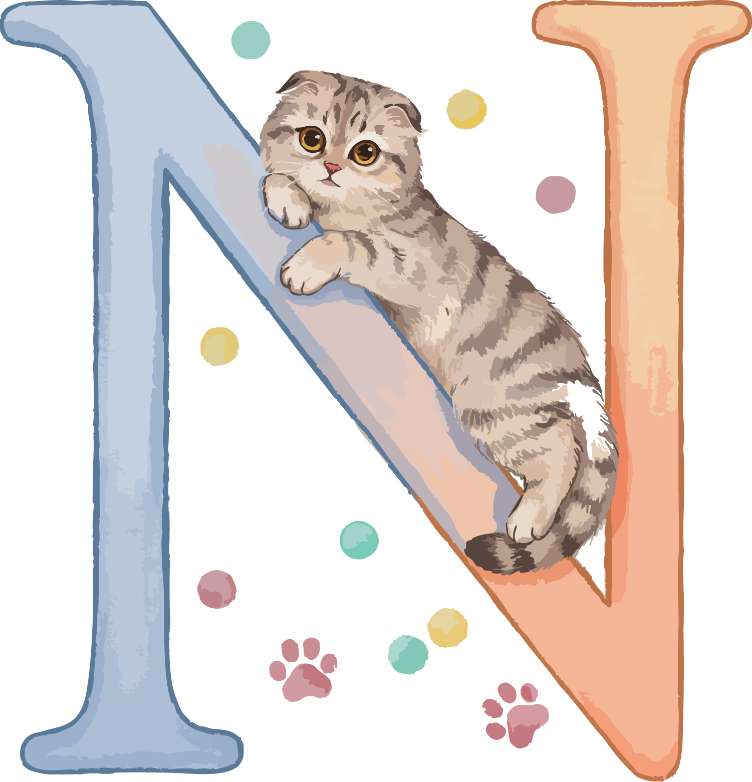 N Cat Theme Watercolor Alphabet PNG