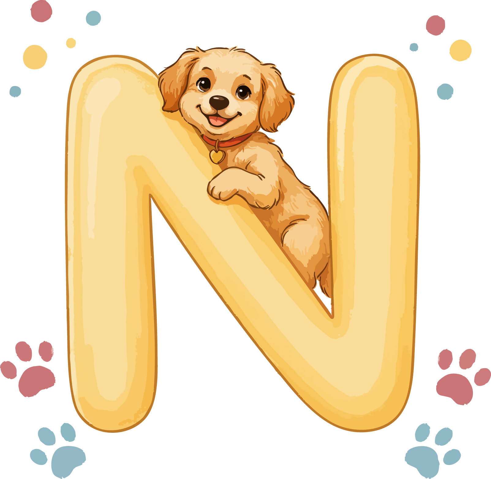N Dog Theme Watercolor Alphabet PNG