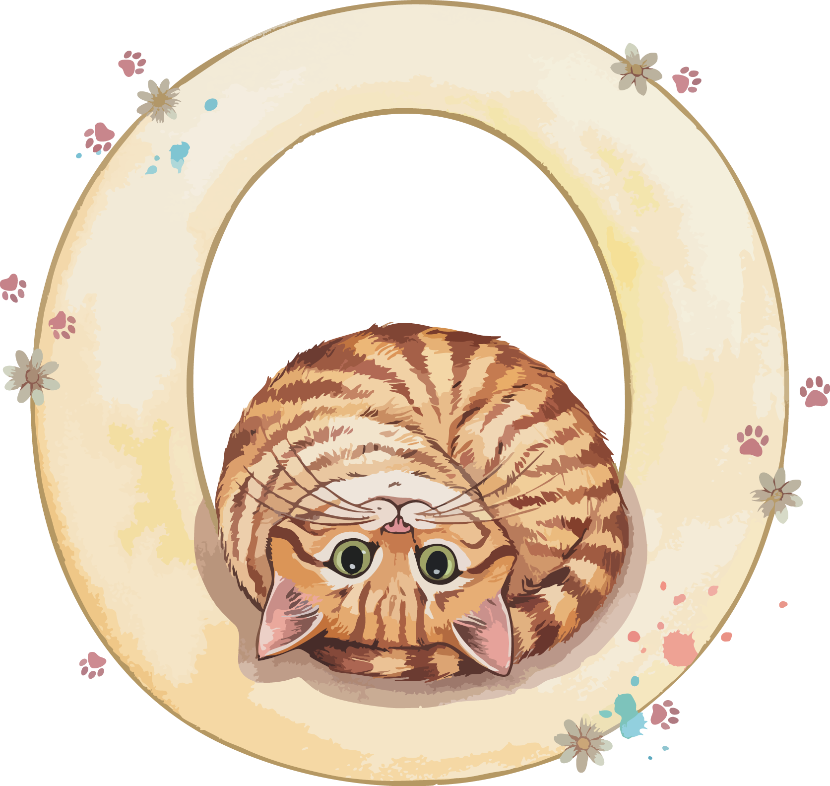 O Cat Theme Watercolor Alphabet PNG