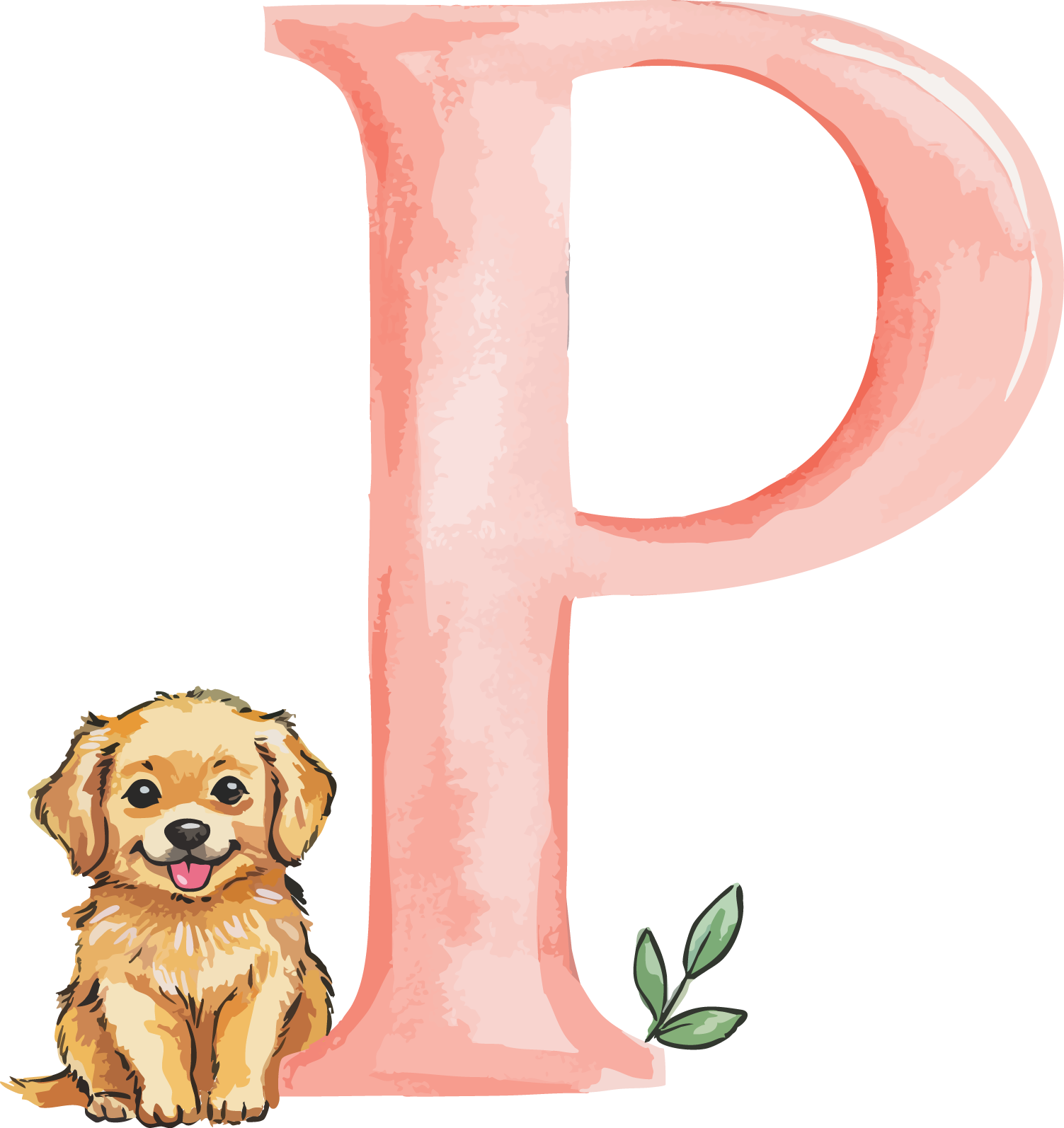 P Dog Theme Watercolor Alphabet PNG
