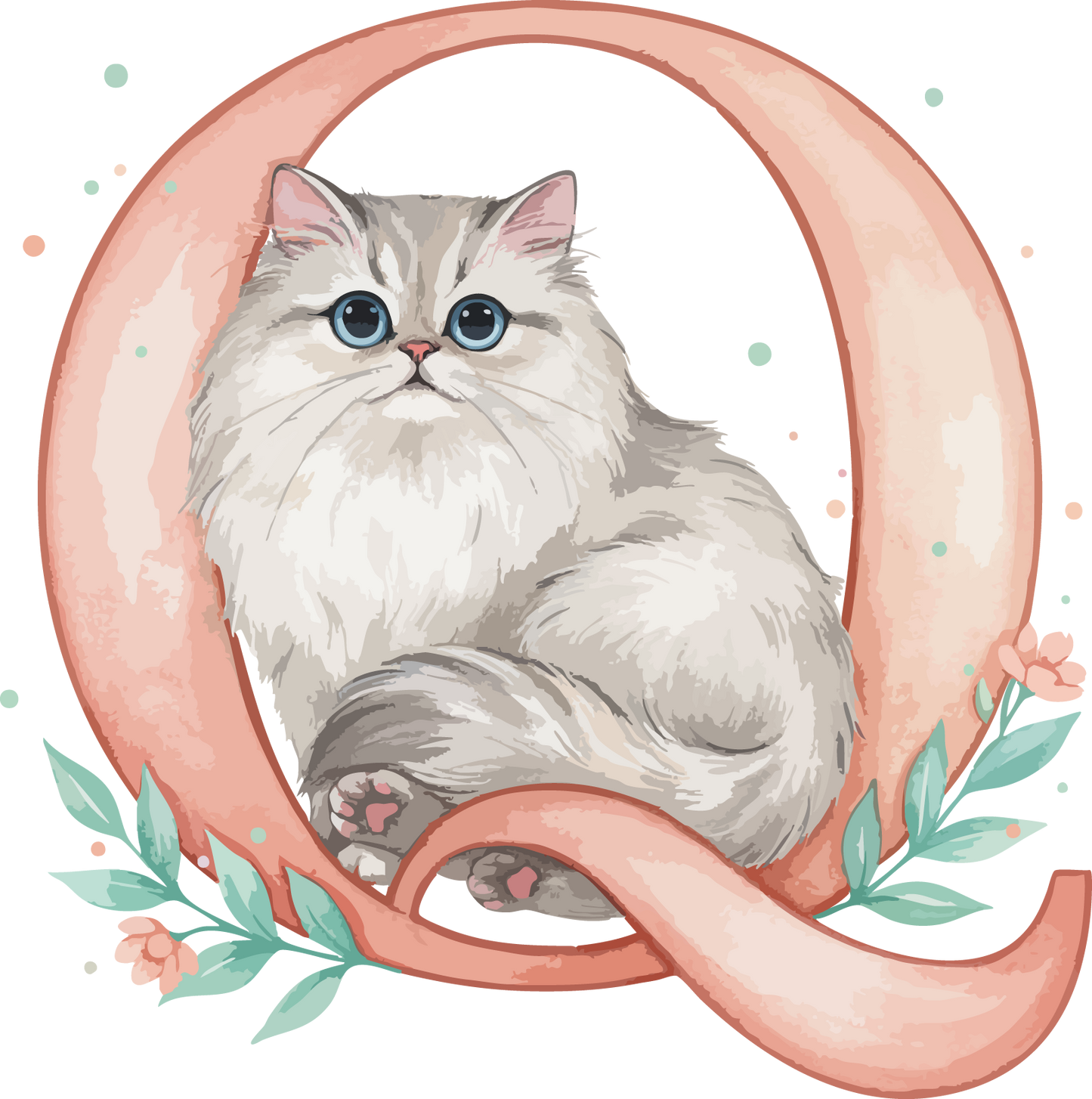 Q Cat Theme Watercolor Alphabet PNG
