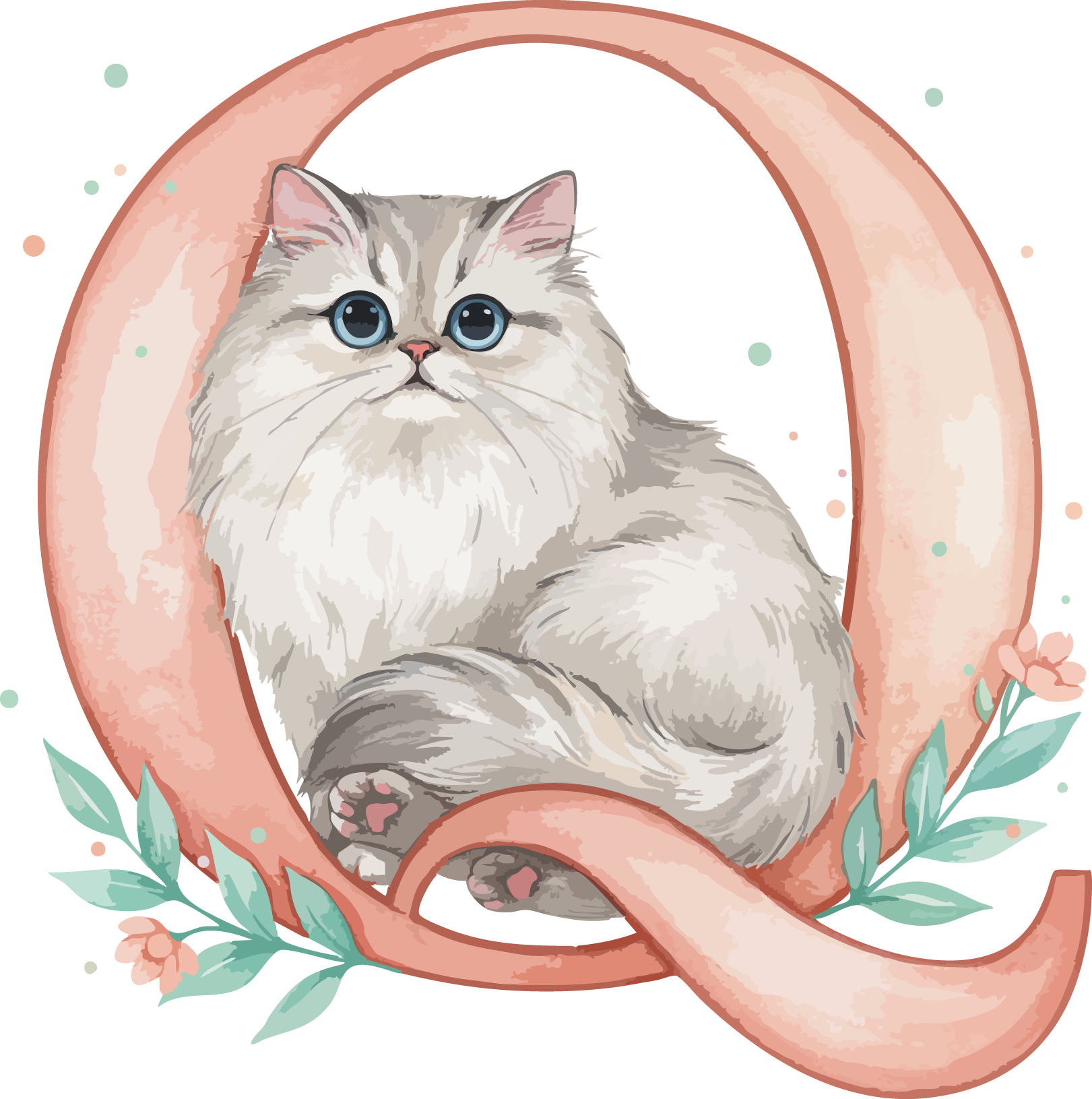 Q Cat Theme Watercolor Alphabet PNG