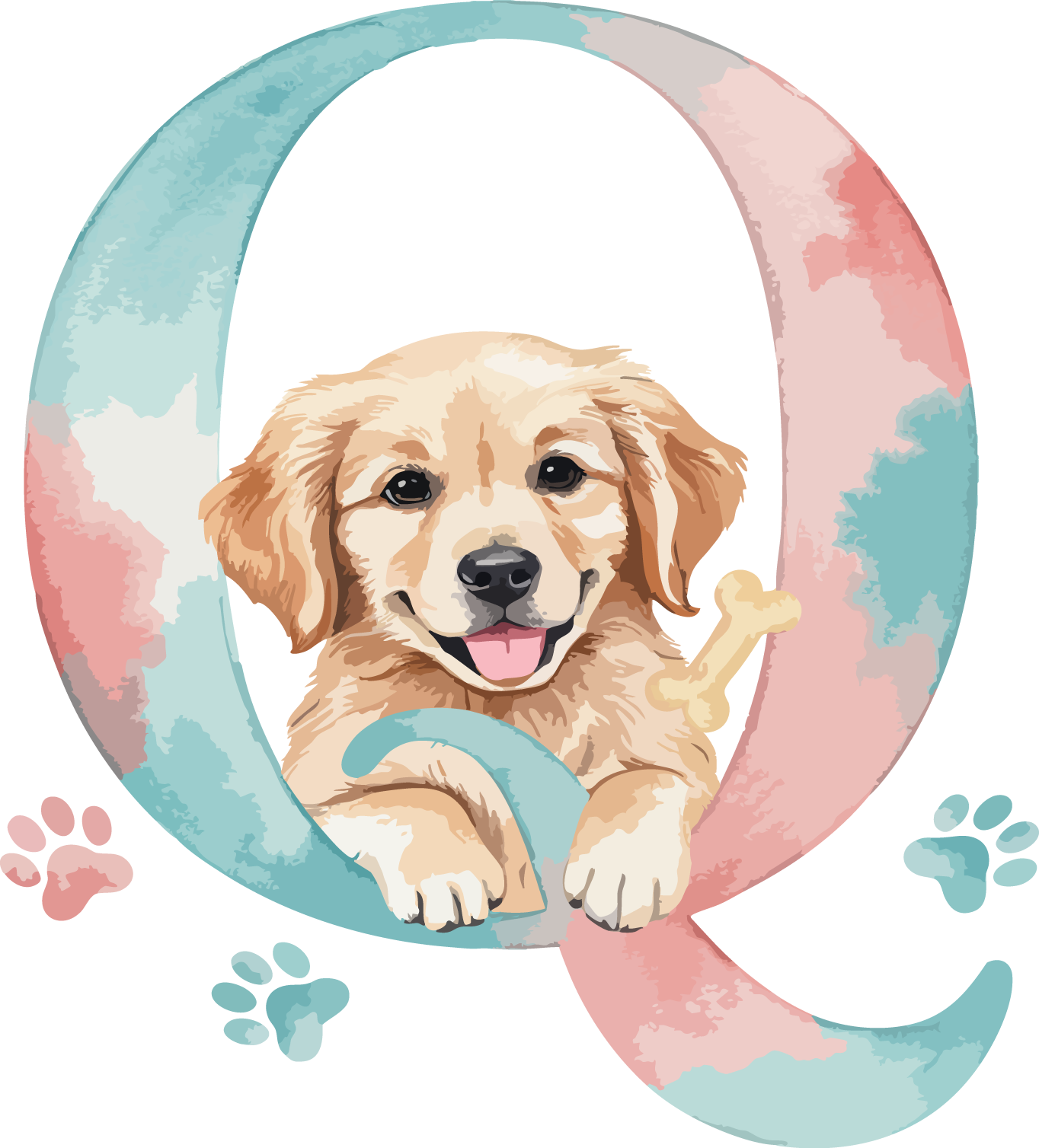 Q Dog Theme Watercolor Alphabet PNG