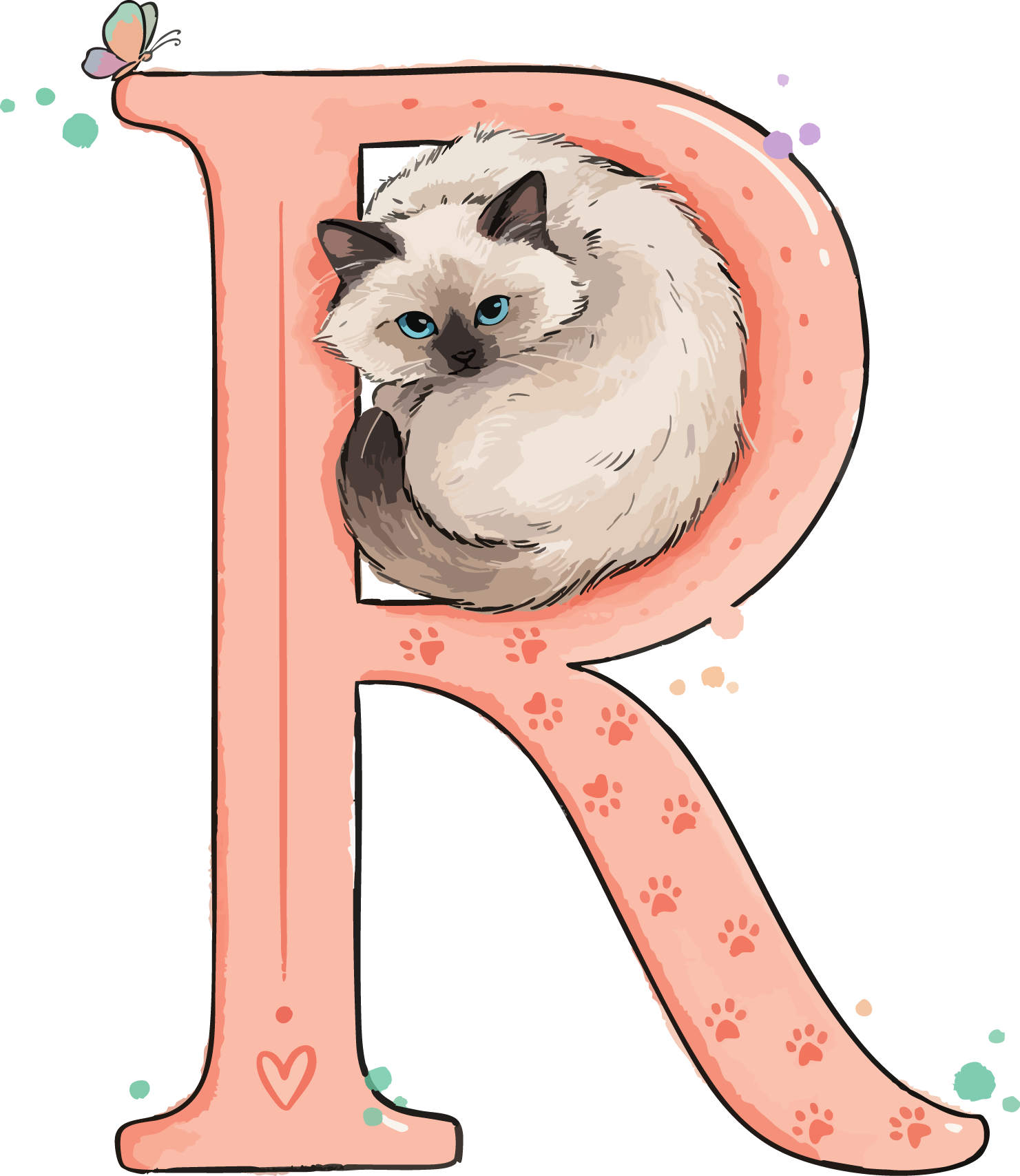 R Cat Theme Watercolor Alphabet PNG