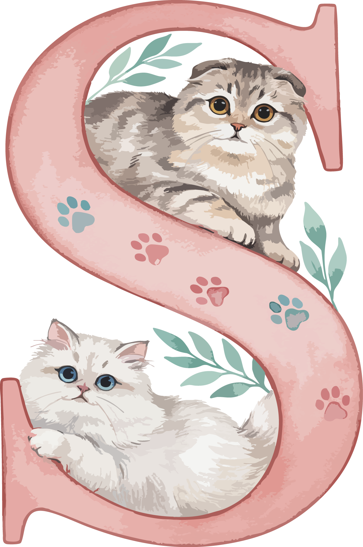 S Cat Theme Watercolor Alphabet PNG
