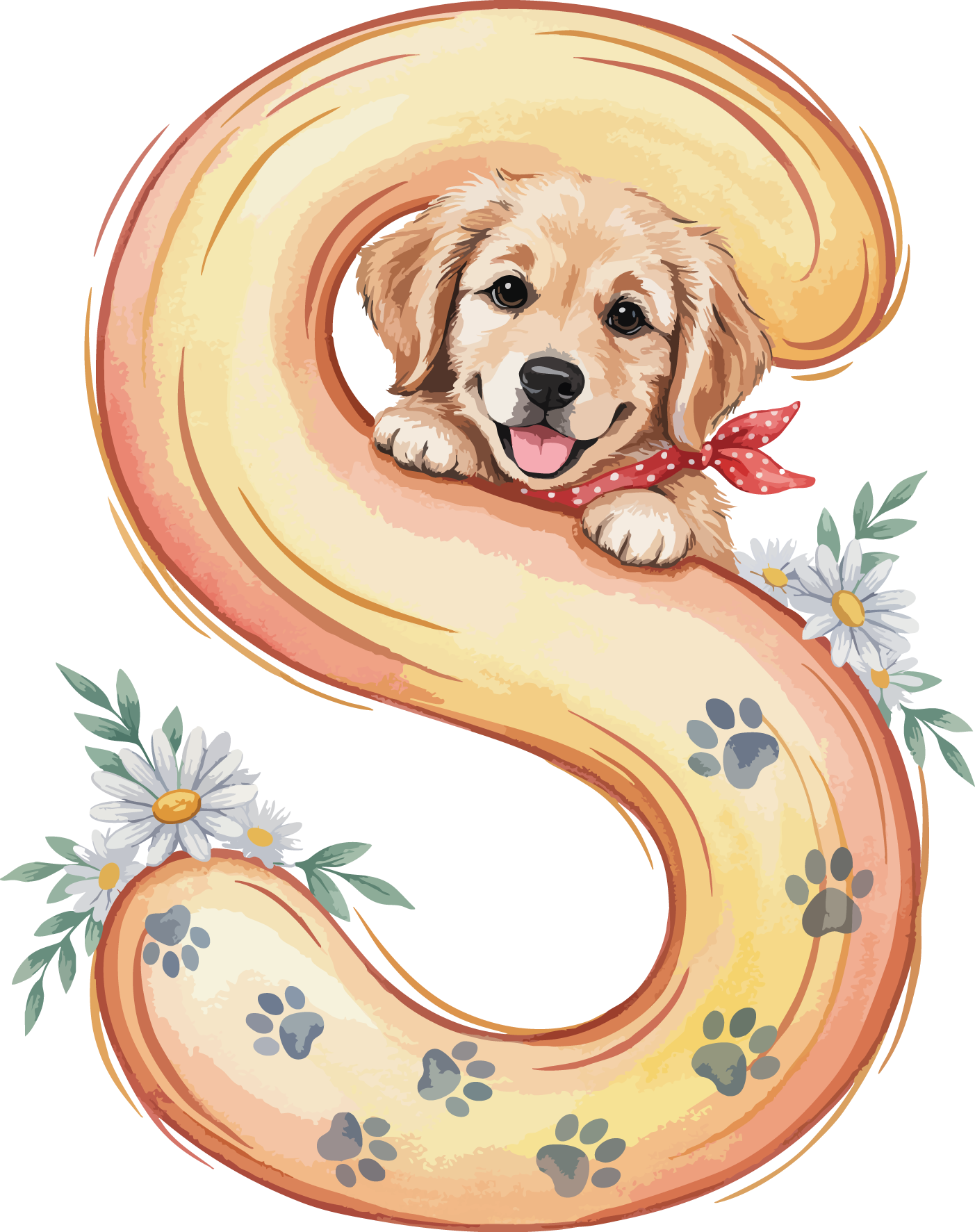 S Dog Theme Watercolor Alphabet PNG