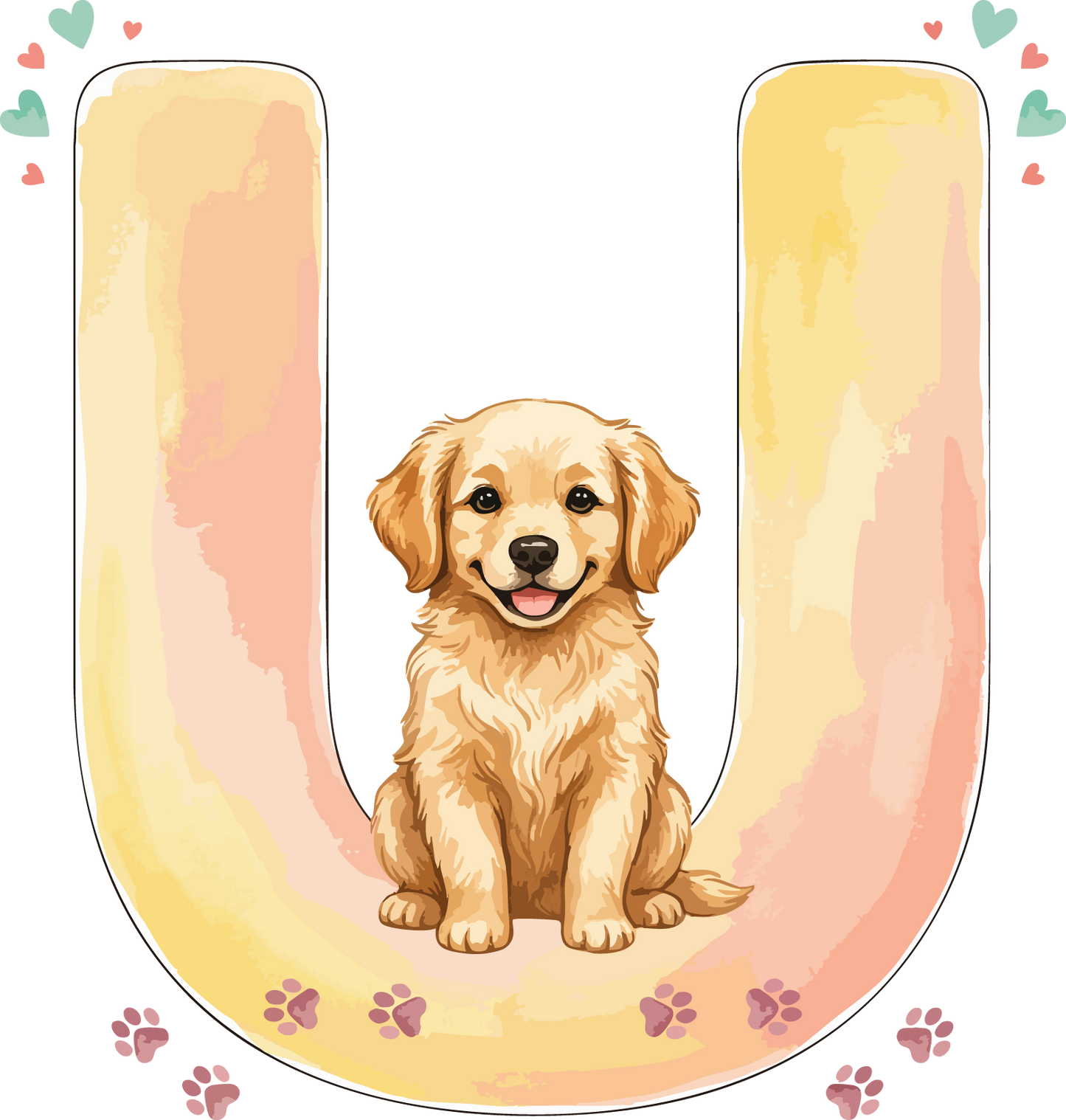 U Dog Theme Watercolor Alphabet PNG