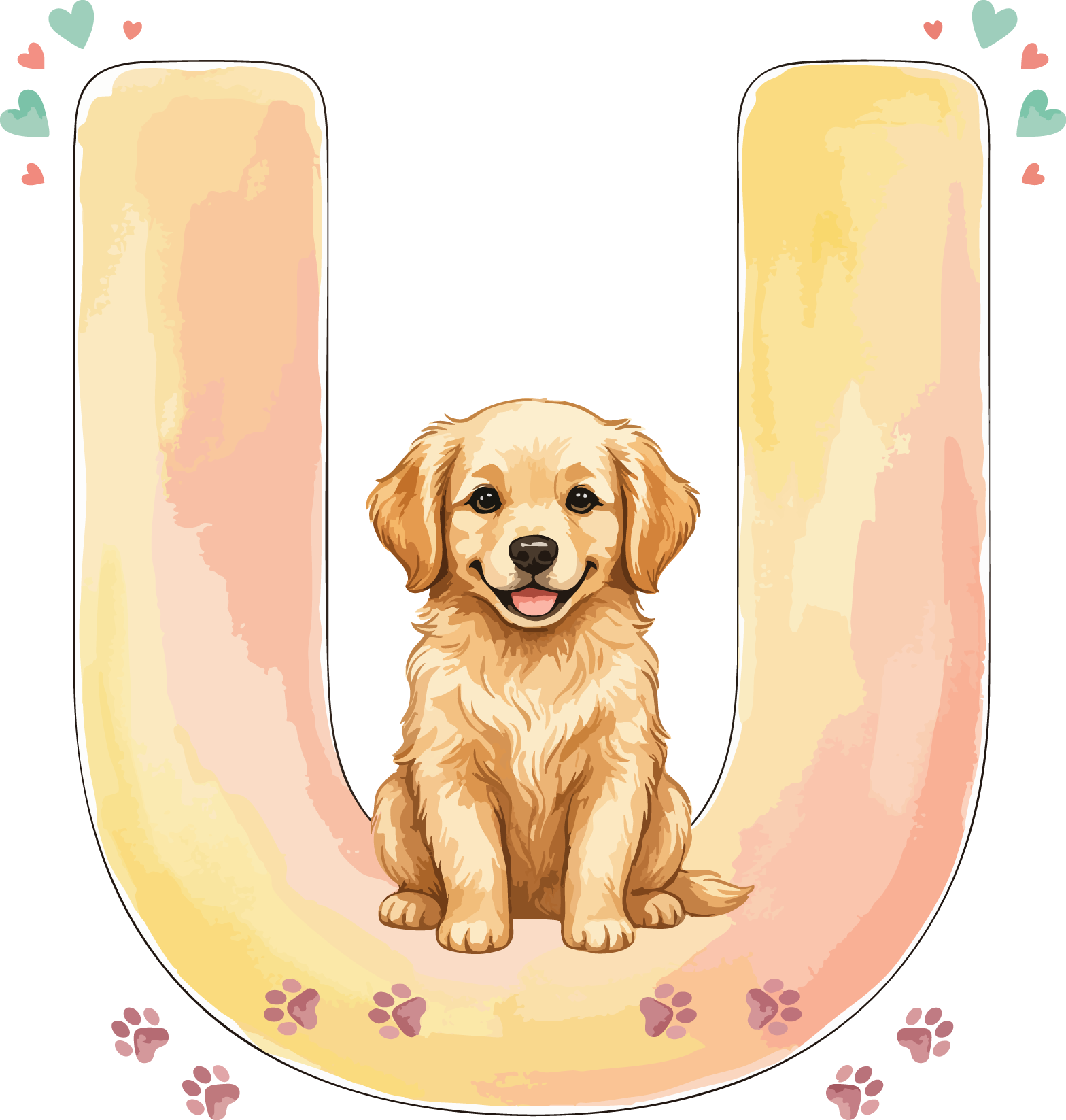 U Dog Theme Watercolor Alphabet PNG