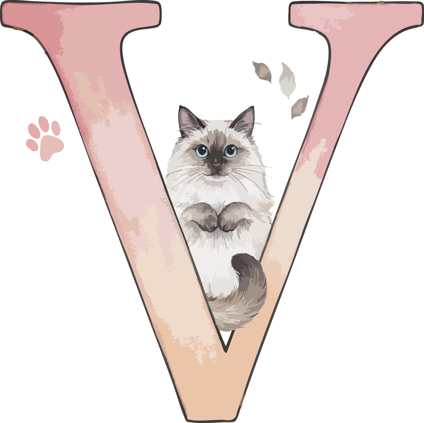 V Cat Theme Watercolor Alphabet PNG
