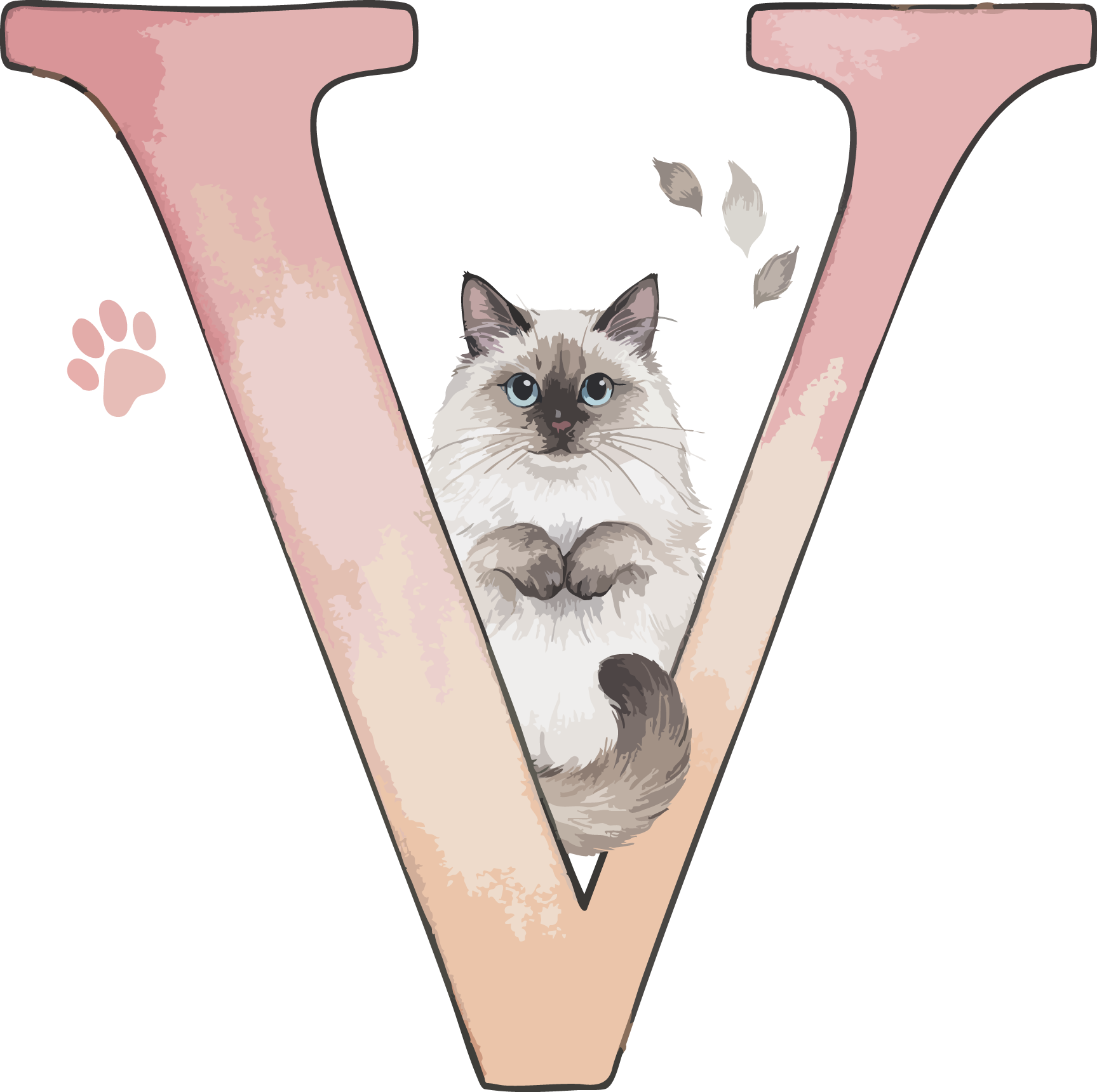 V Cat Theme Watercolor Alphabet PNG