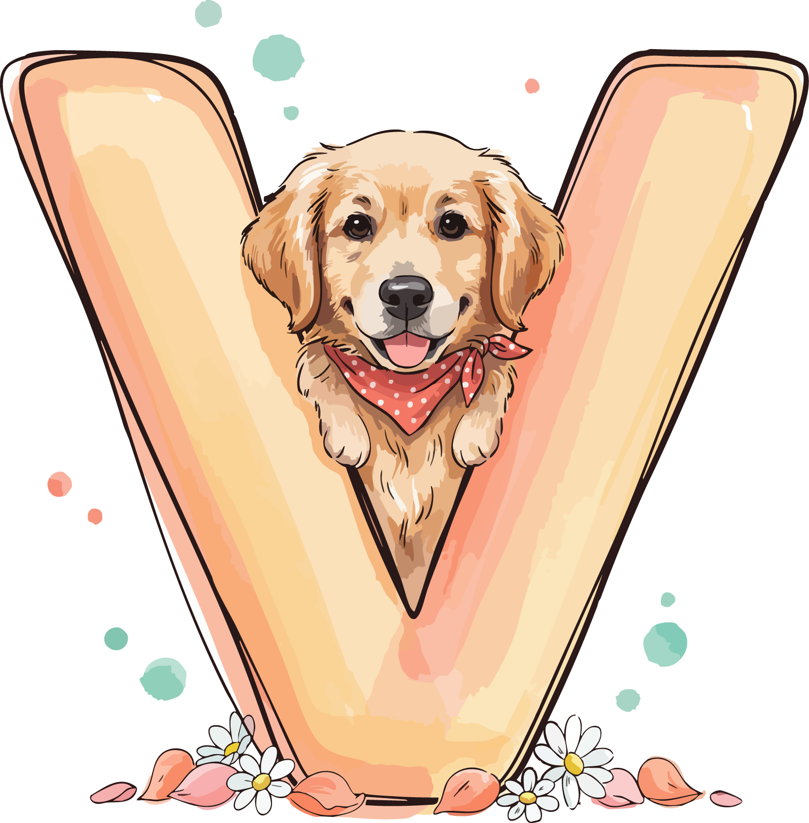 V Dog Theme Watercolor Alphabet PNG