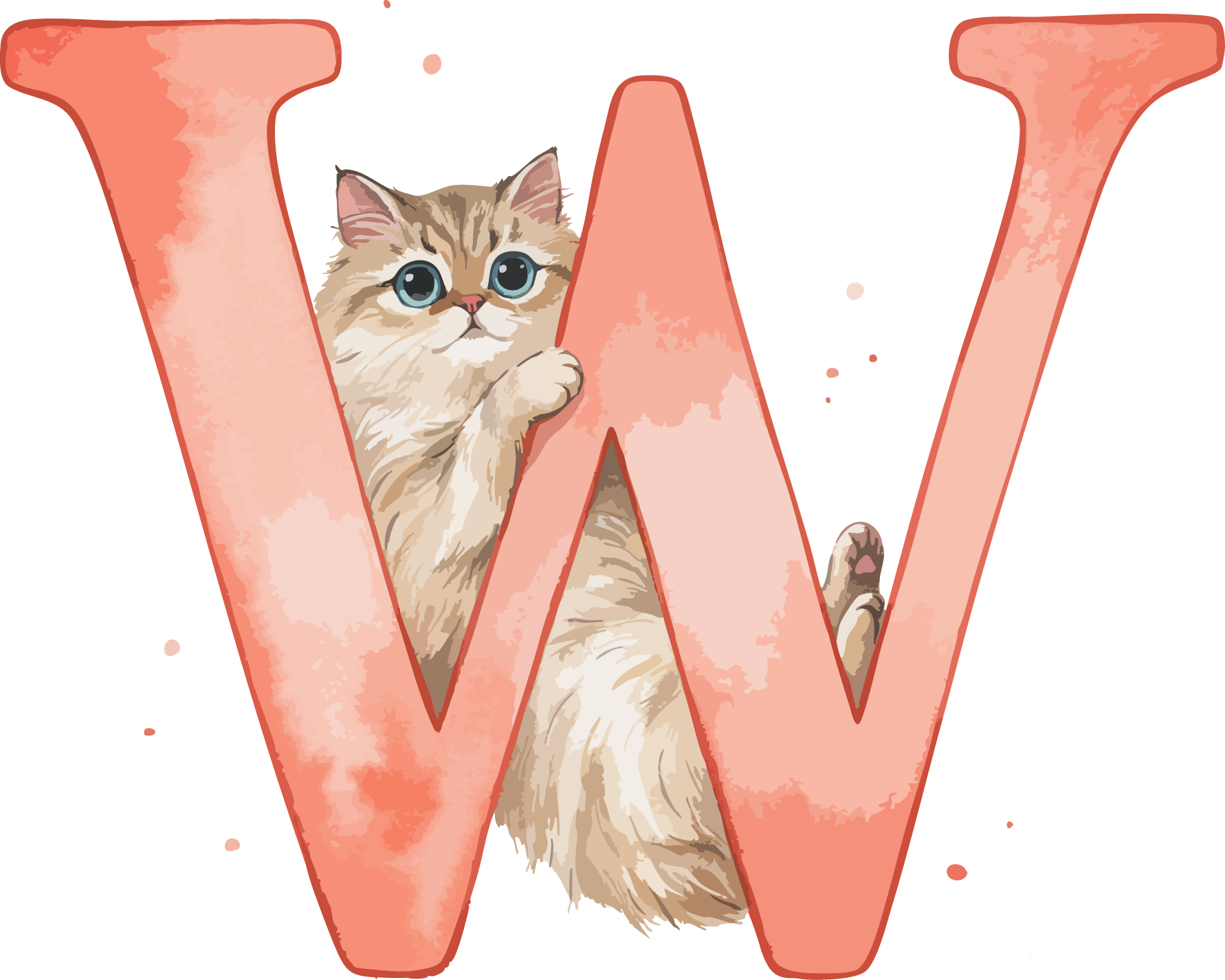 W Cat Theme Watercolor Alphabet PNG