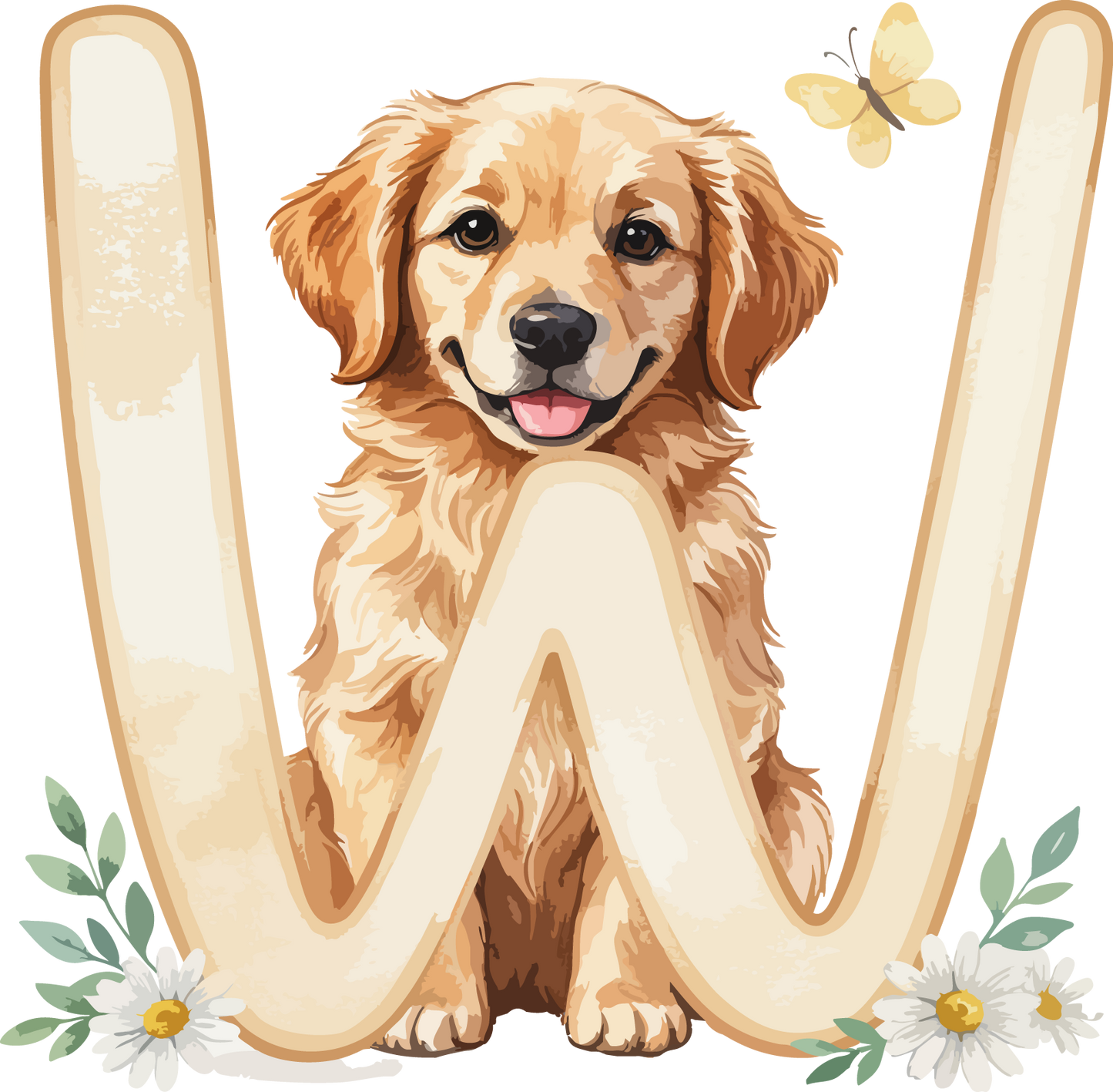 W Dog Theme Watercolor Alphabet PNG