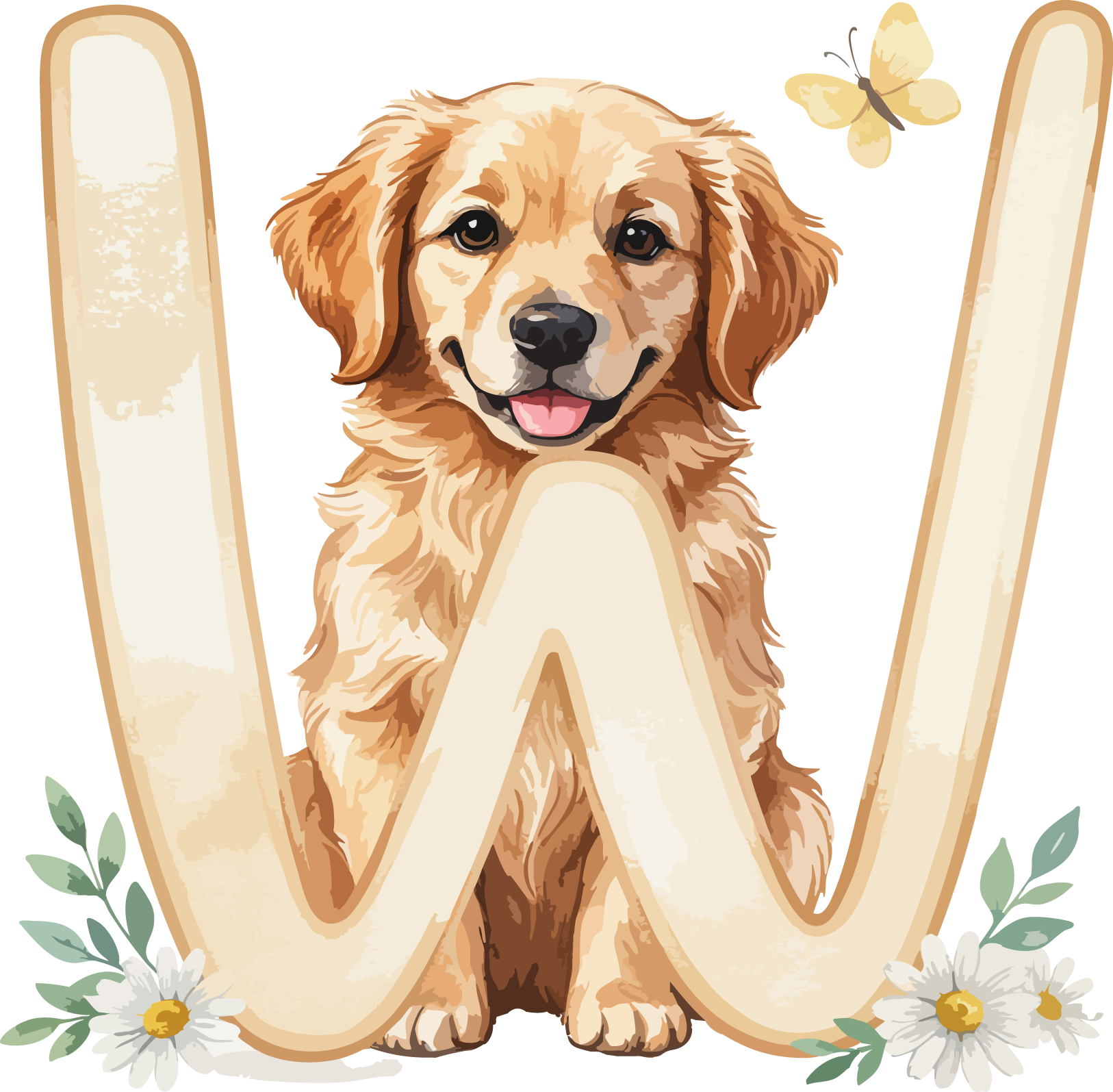 W Dog Theme Watercolor Alphabet PNG