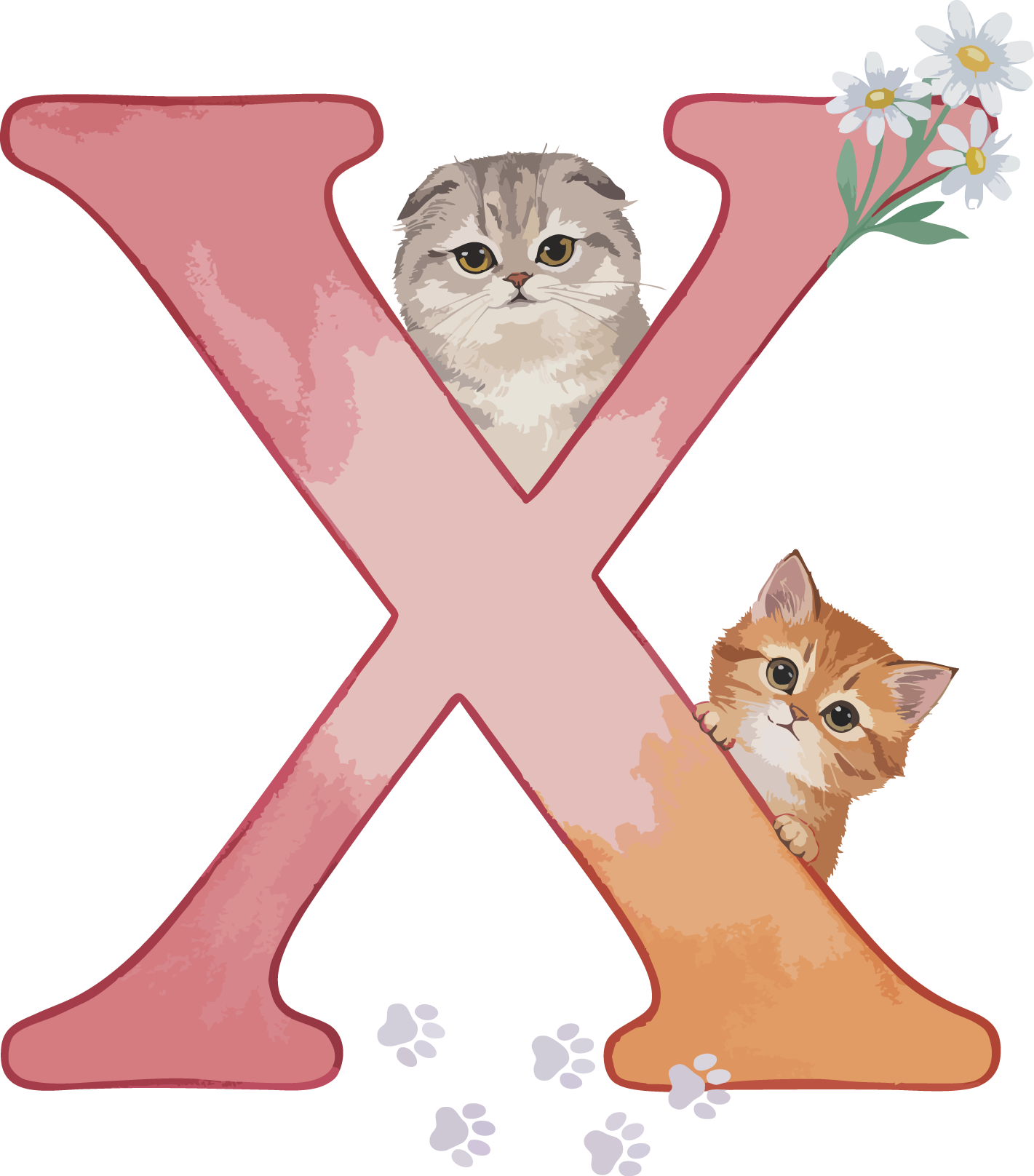 X Cat Theme Watercolor Alphabet PNG